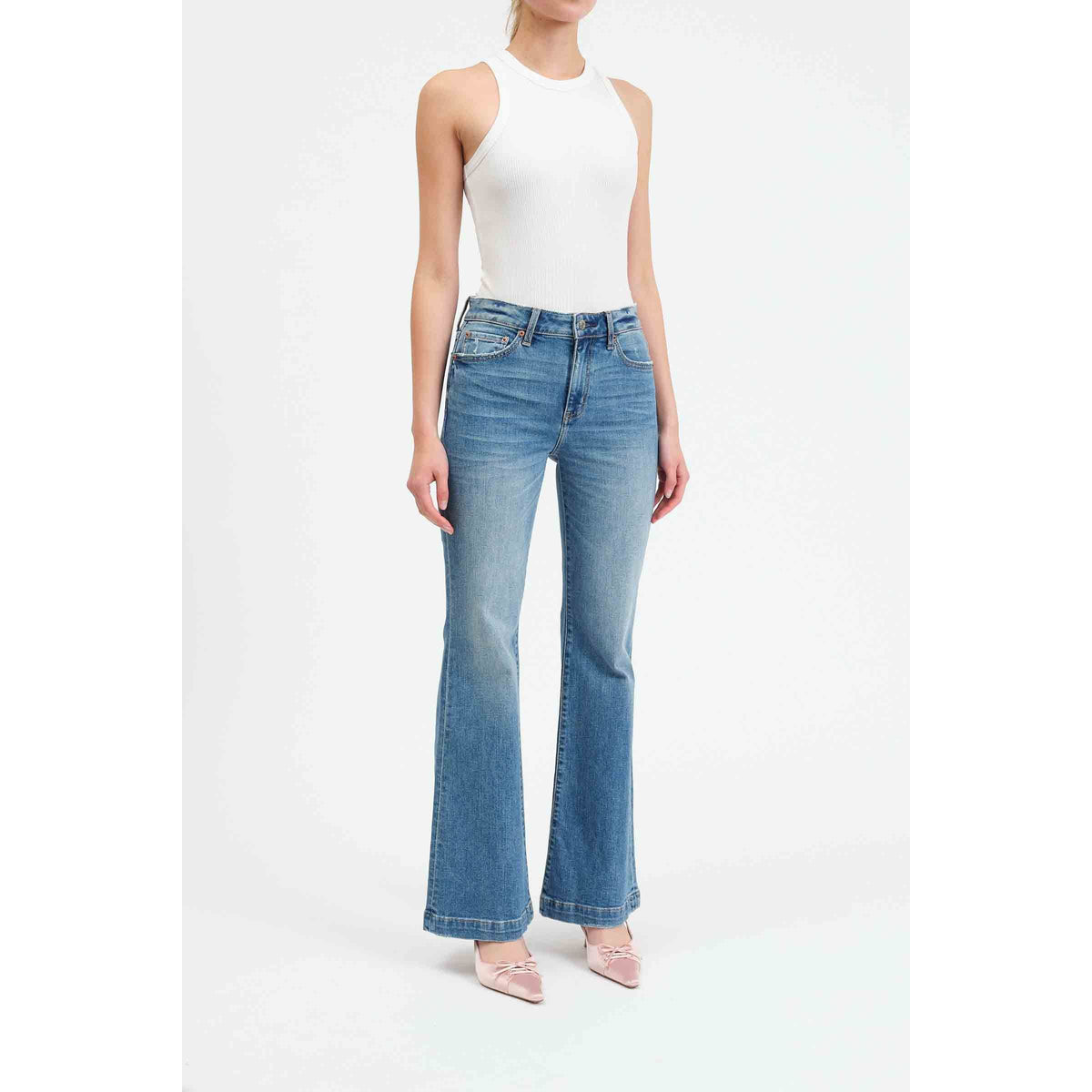 Daze Heartbreaker Influencer Mid Rise Flare Denim in light blue, perfect for summer adventures and stylish outings.