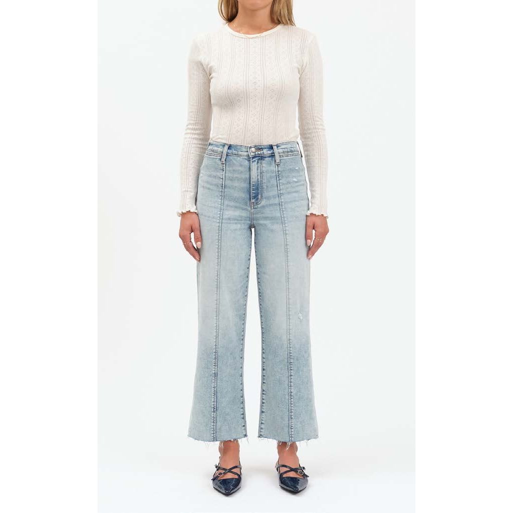 Daze Pleaser high-rise wide-leg ankle jeans in Cupid wash with seaming and subtle fading.
