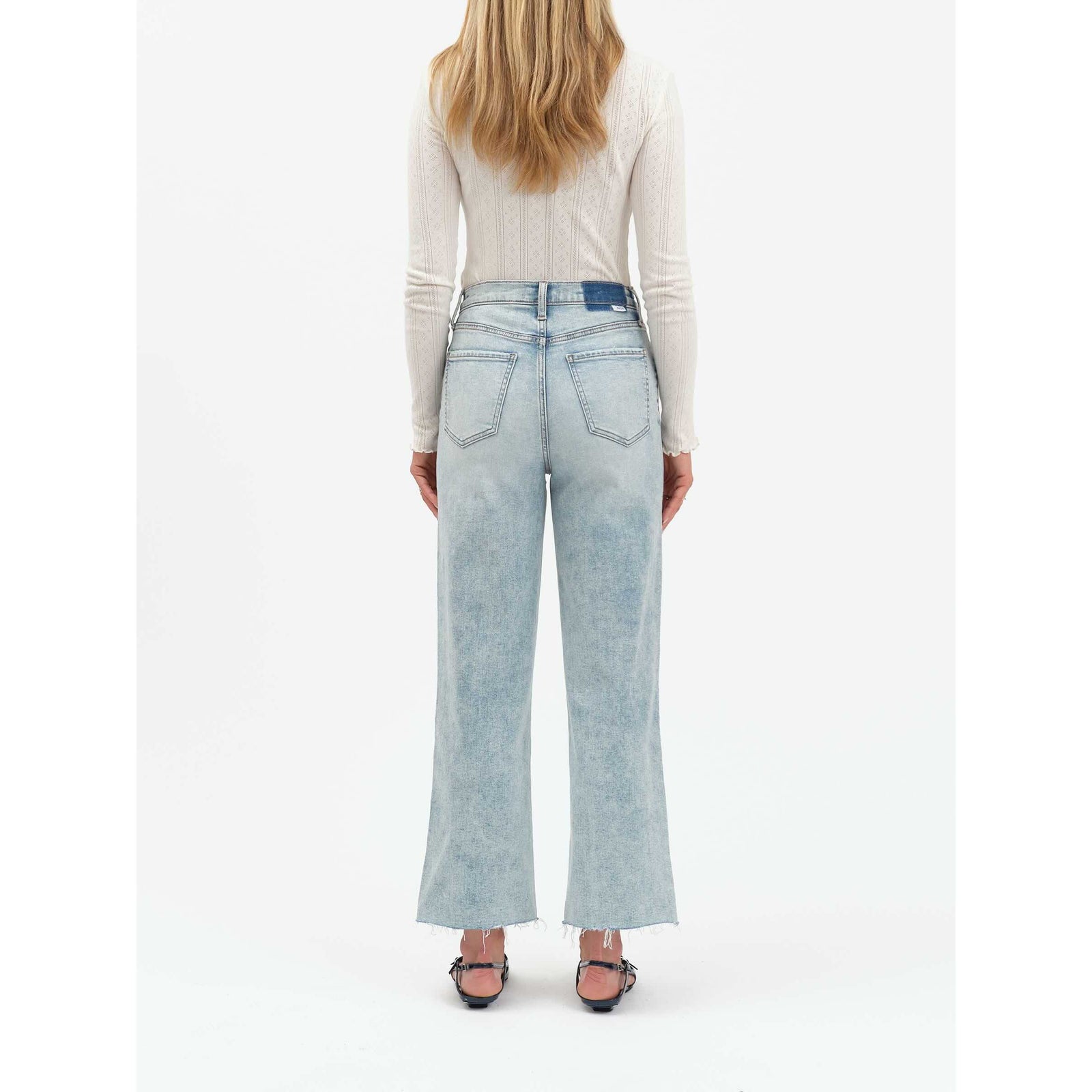 Daze Pleaser high-rise wide-leg ankle jeans in Cupid, light wash with fading, back pockets, unfinished hem.