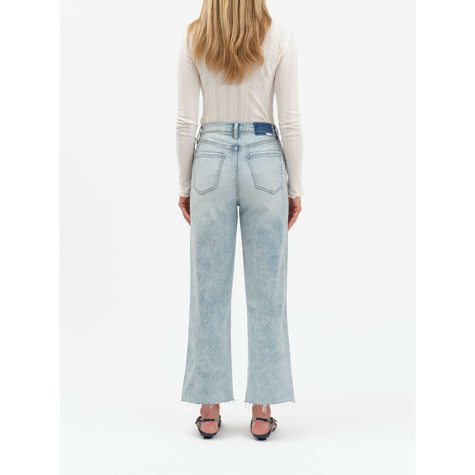 Daze Pleaser high-rise wide-leg ankle jeans in Cupid, light wash with fading, back pockets, unfinished hem.