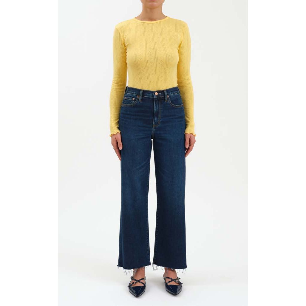 Daze Pleaser High Rise Wide Leg Ankle in Magic Hour indigo denim with Hug fabric and frayed hems.