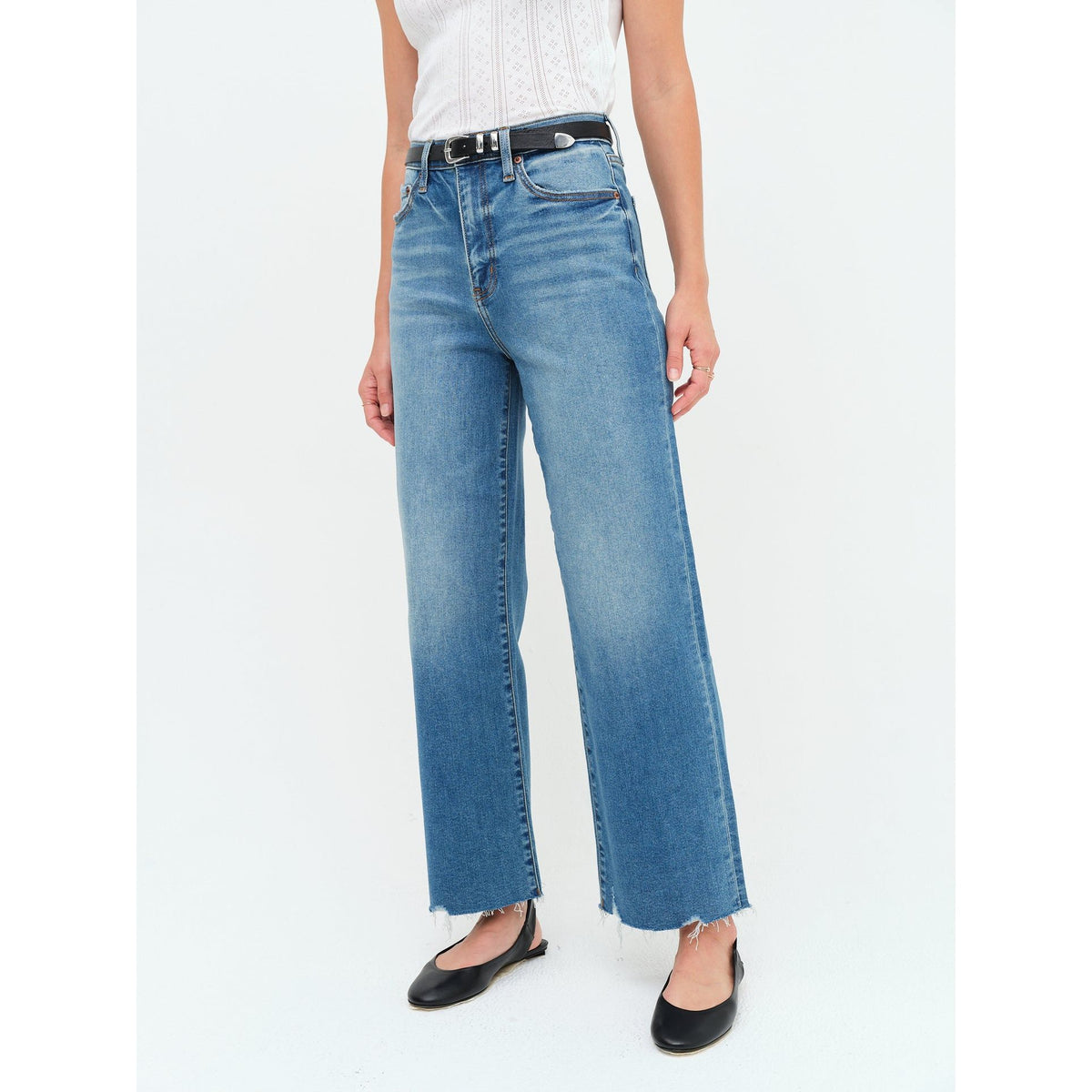 Daze Pleaser high-rise wide-leg ankle jeans in Vibe Check with Hug denim, light-wash blue.