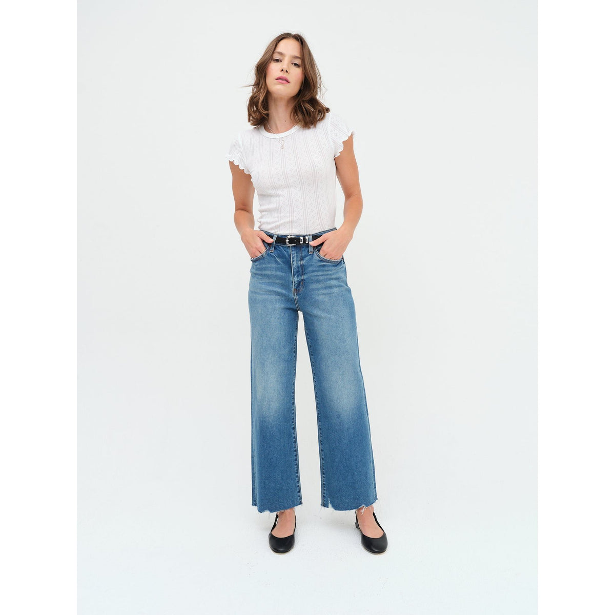 Daze Pleaser High Rise Wide Leg Ankle in Vibe Check with Hug denim for comfortable and curve-hugging fit.