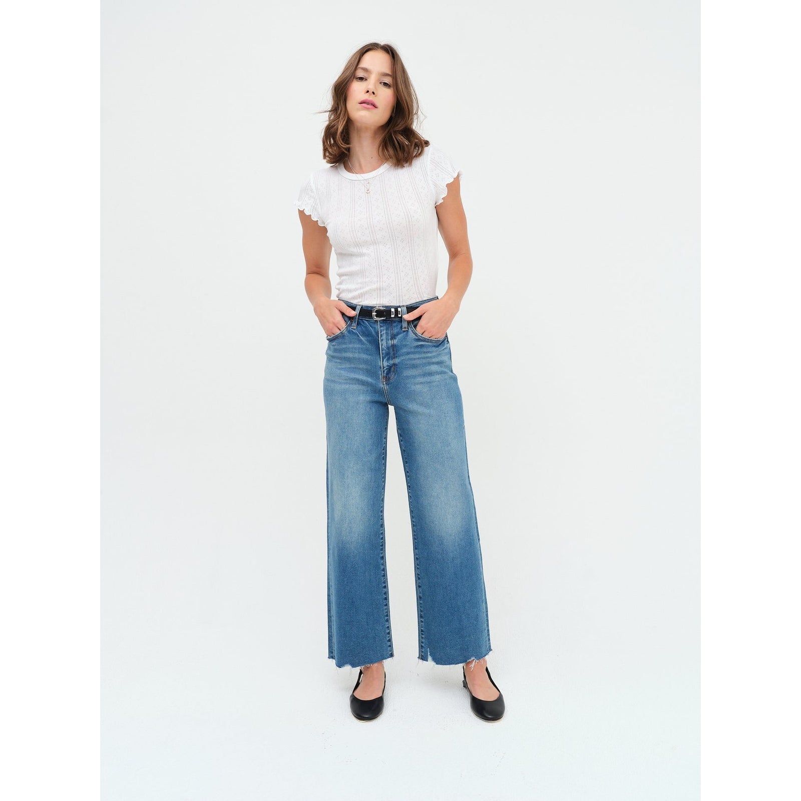 Daze Pleaser High Rise Wide Leg Ankle in Vibe Check with Hug denim for comfortable and curve-hugging fit.