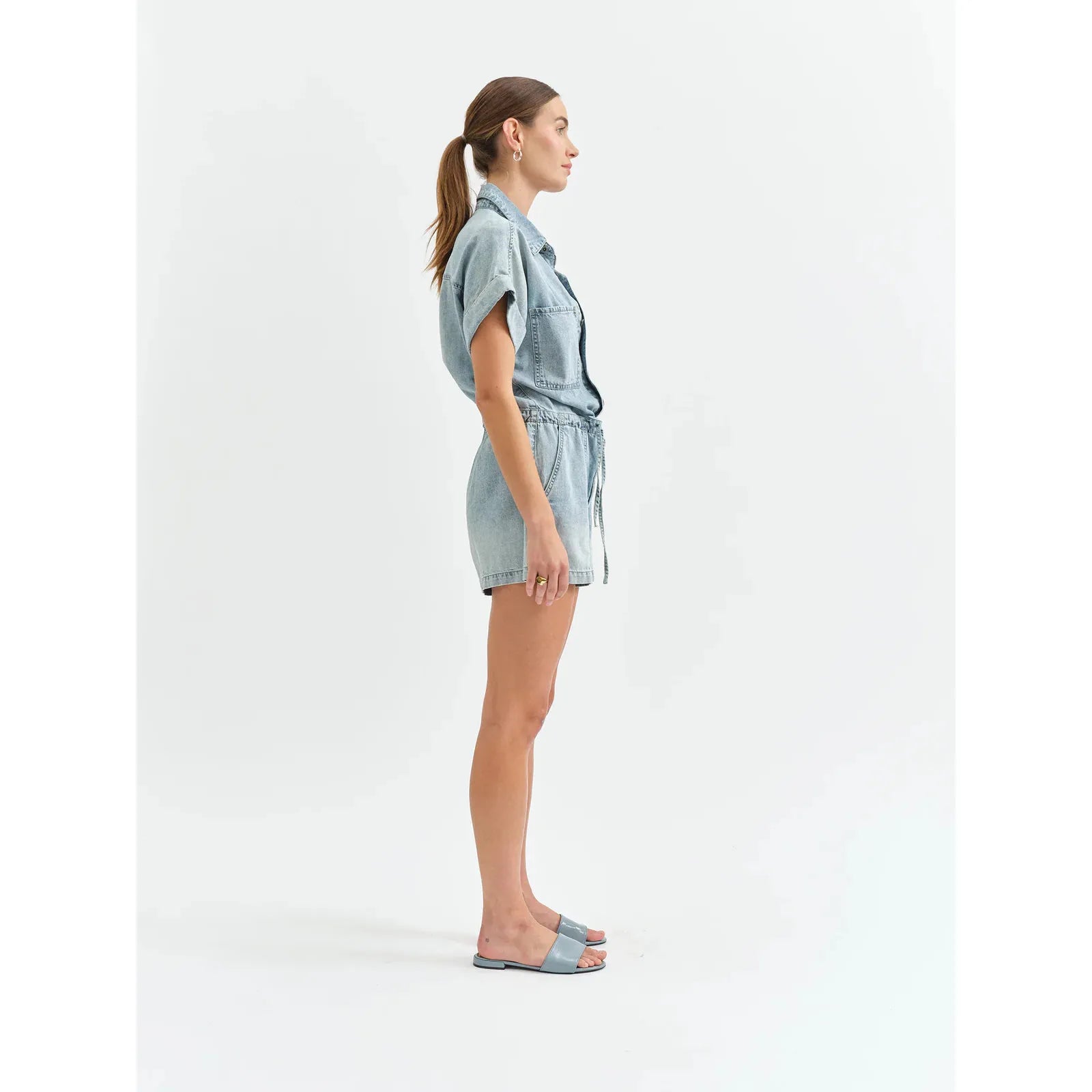 Daze Surfside Romper in Wildcard features breathable denim, perfect for effortless summer style and all-day comfort.
