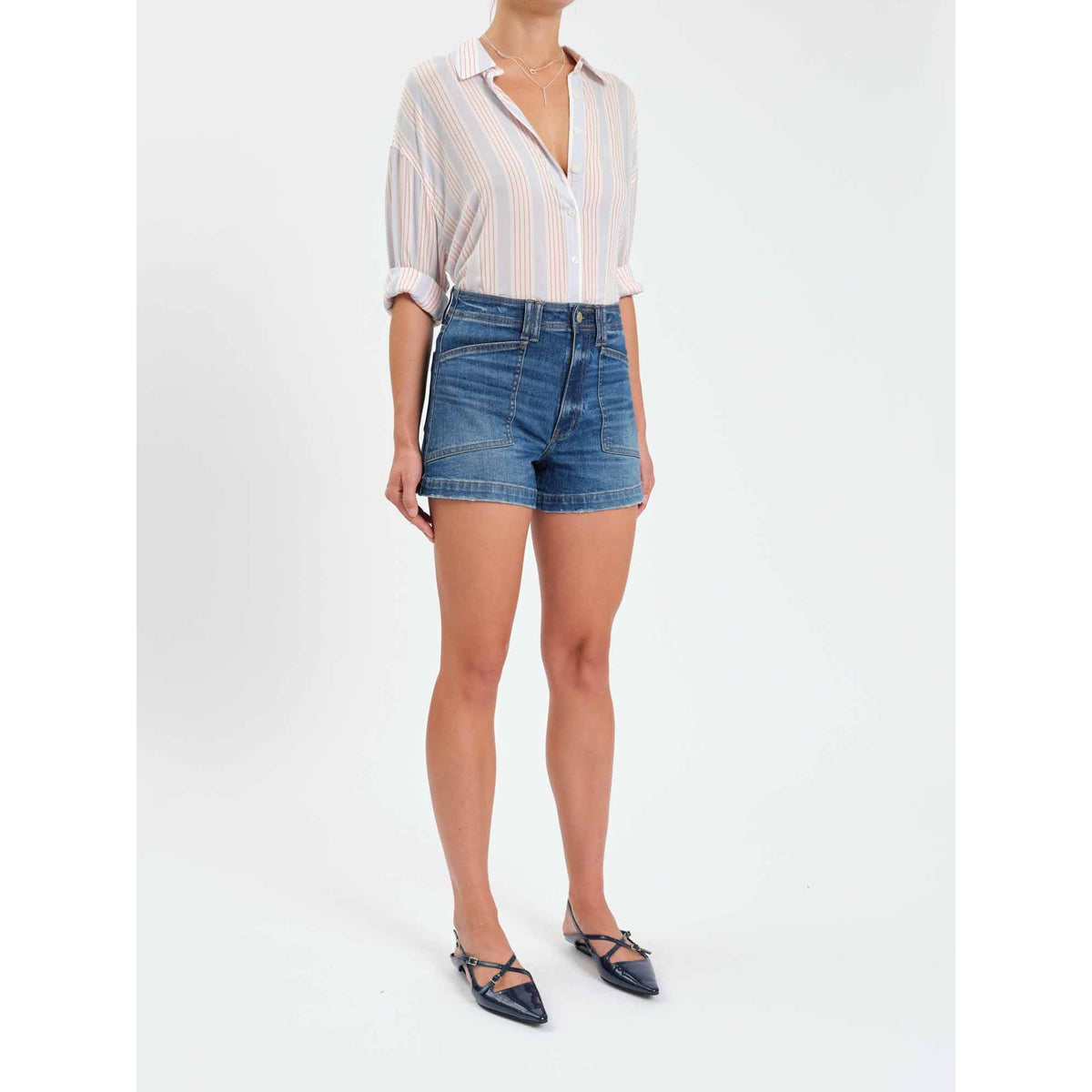 Daze Valley Girl Short in Manhattan: high-rise blue denim shorts with front pockets, paired with a striped shirt.