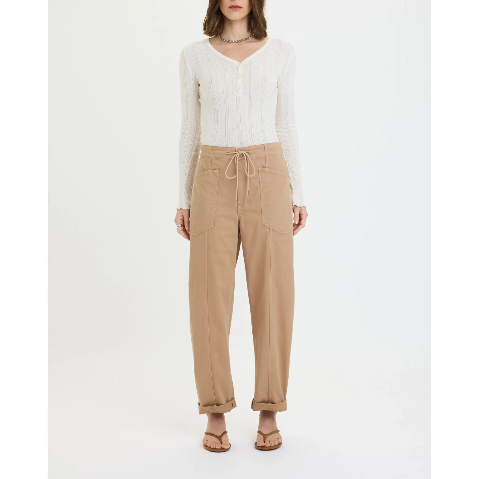 Daze Villa Drawstring Barrel Pant in Latte on model with drawstring waist and tapered silhouette.