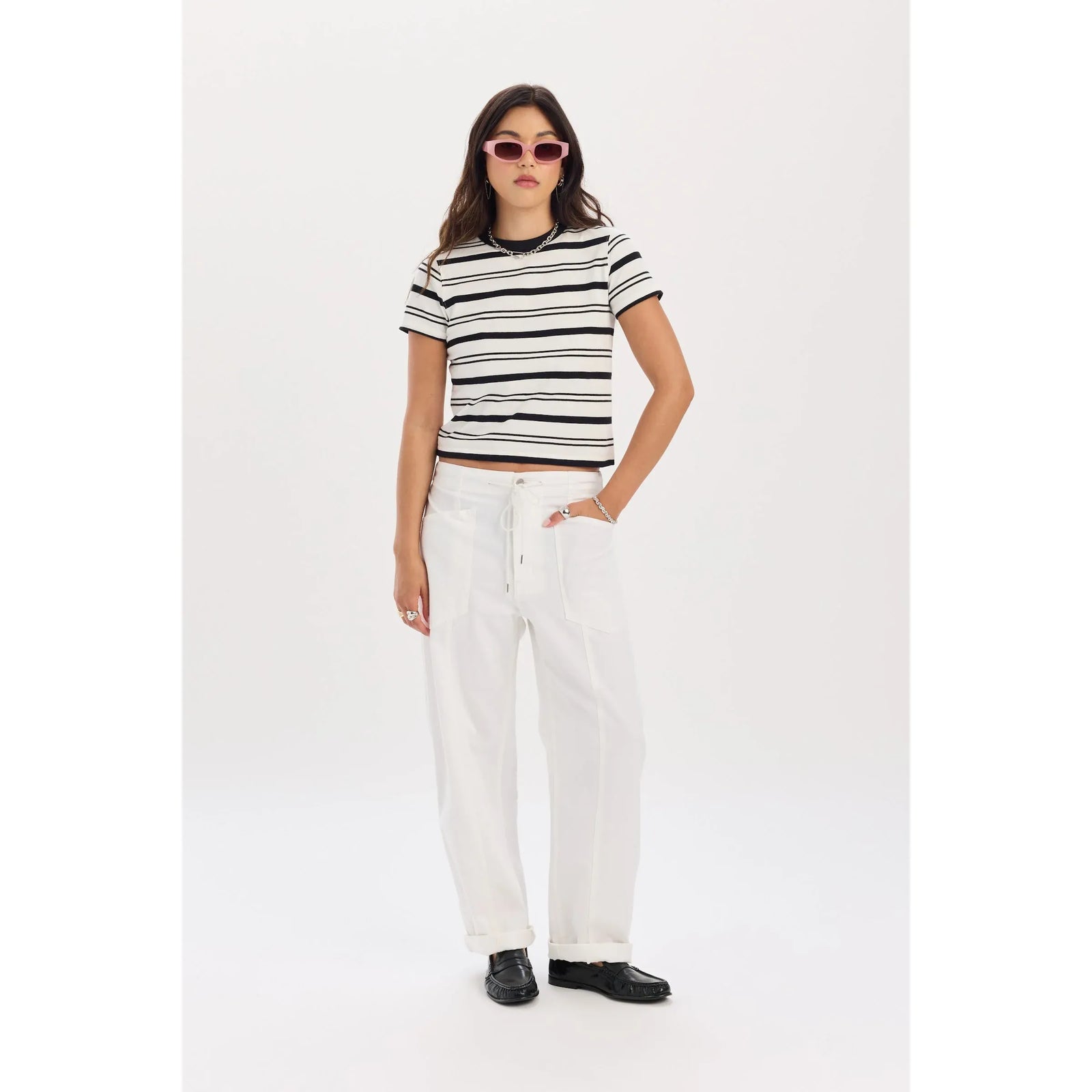 Daze Villa Drawstring Barrel Pant in Lamb: white pants with drawstring waist and rolled cuffs.