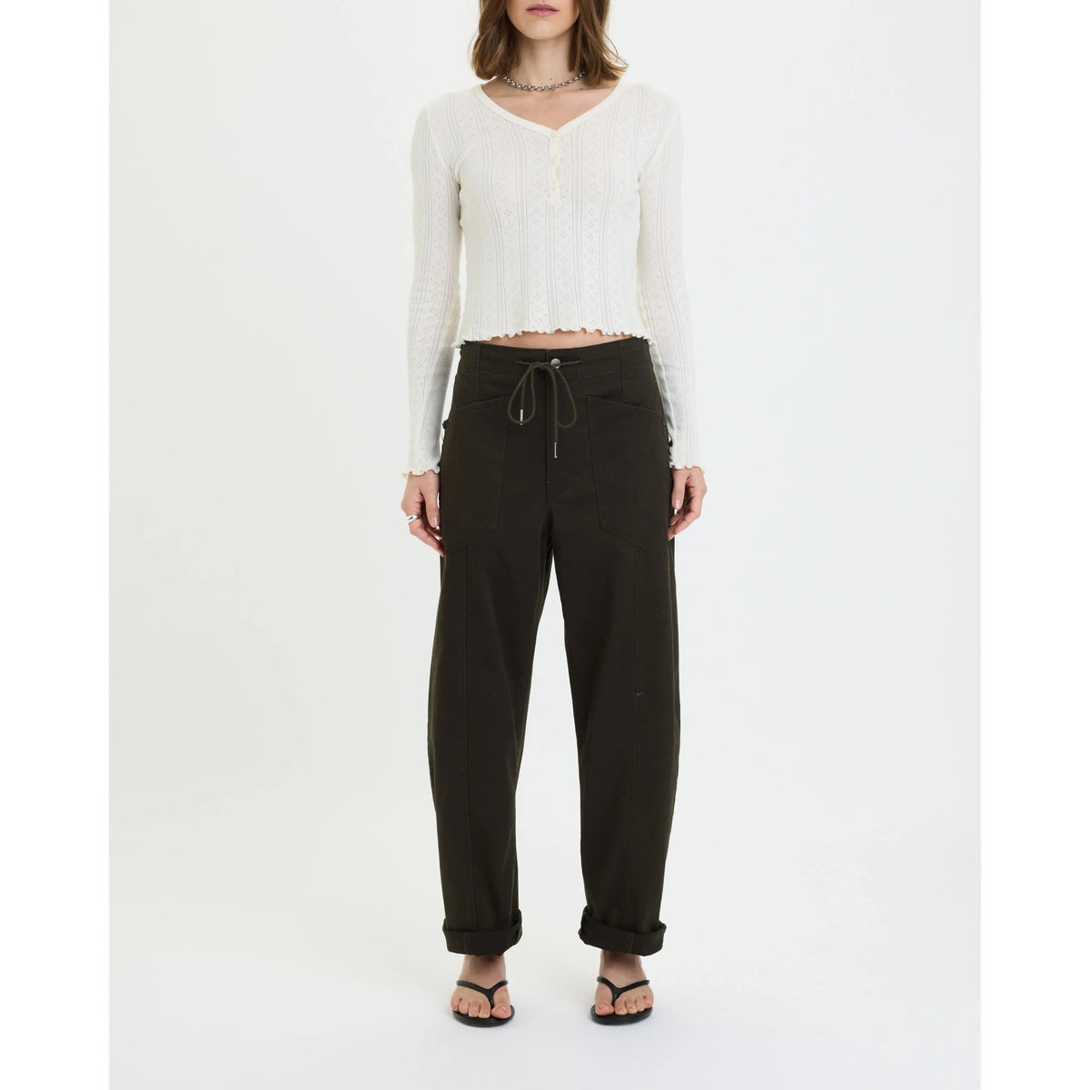 Daze Villa Drawstring Barrel Pant in Fern with drawstring waist, tapered barrel silhouette, and rolled cuffs.