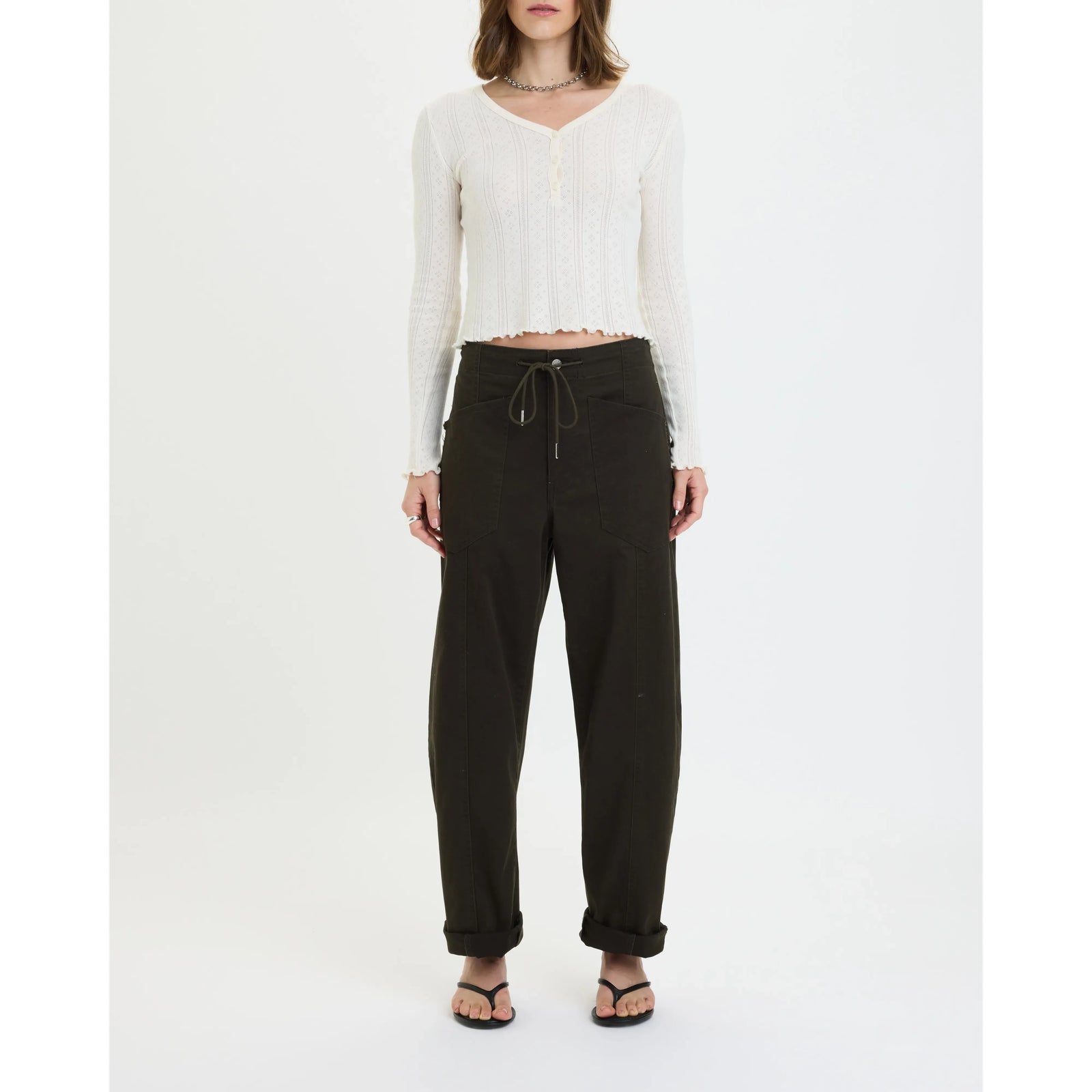 Daze Villa Drawstring Barrel Pant in Fern with drawstring waist, tapered barrel silhouette, and rolled cuffs.