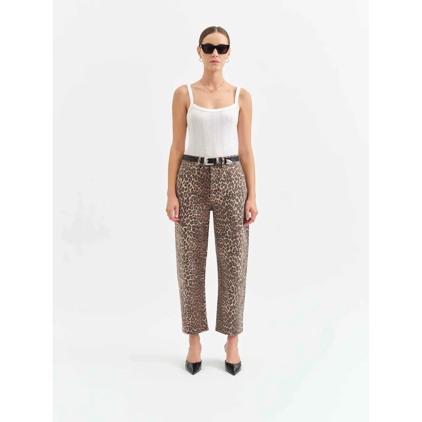 Daze Westward Barrel Leg pants in Cool Cat leopard print, high-rise with cinched waist, bowed leg, tan-black tones.
