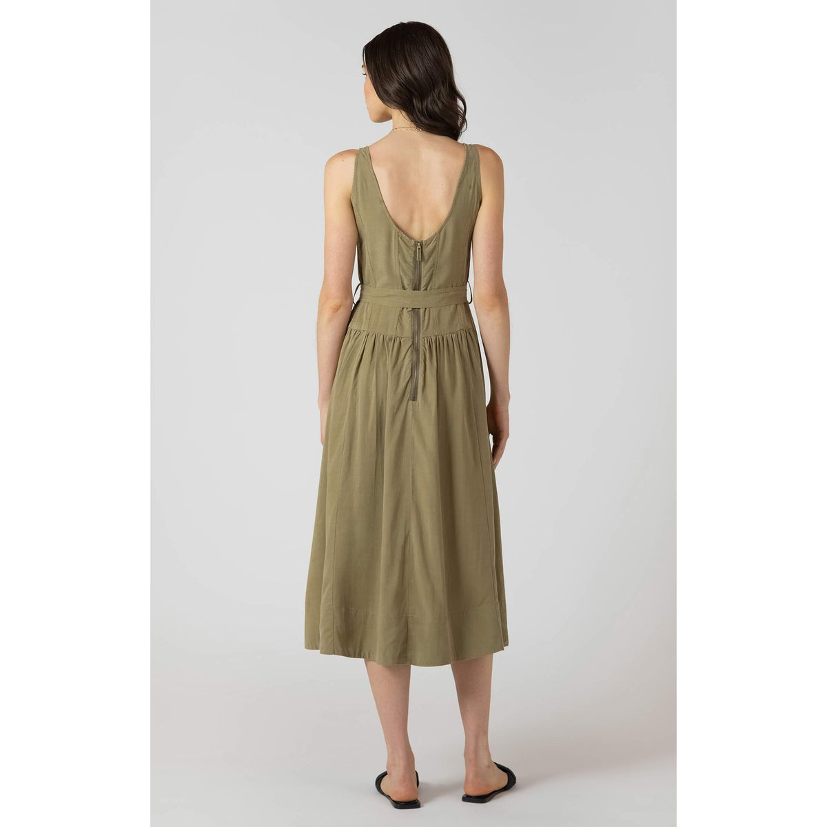 Dex Belted Drop Waist Midi Dress in olive green with back zipper.