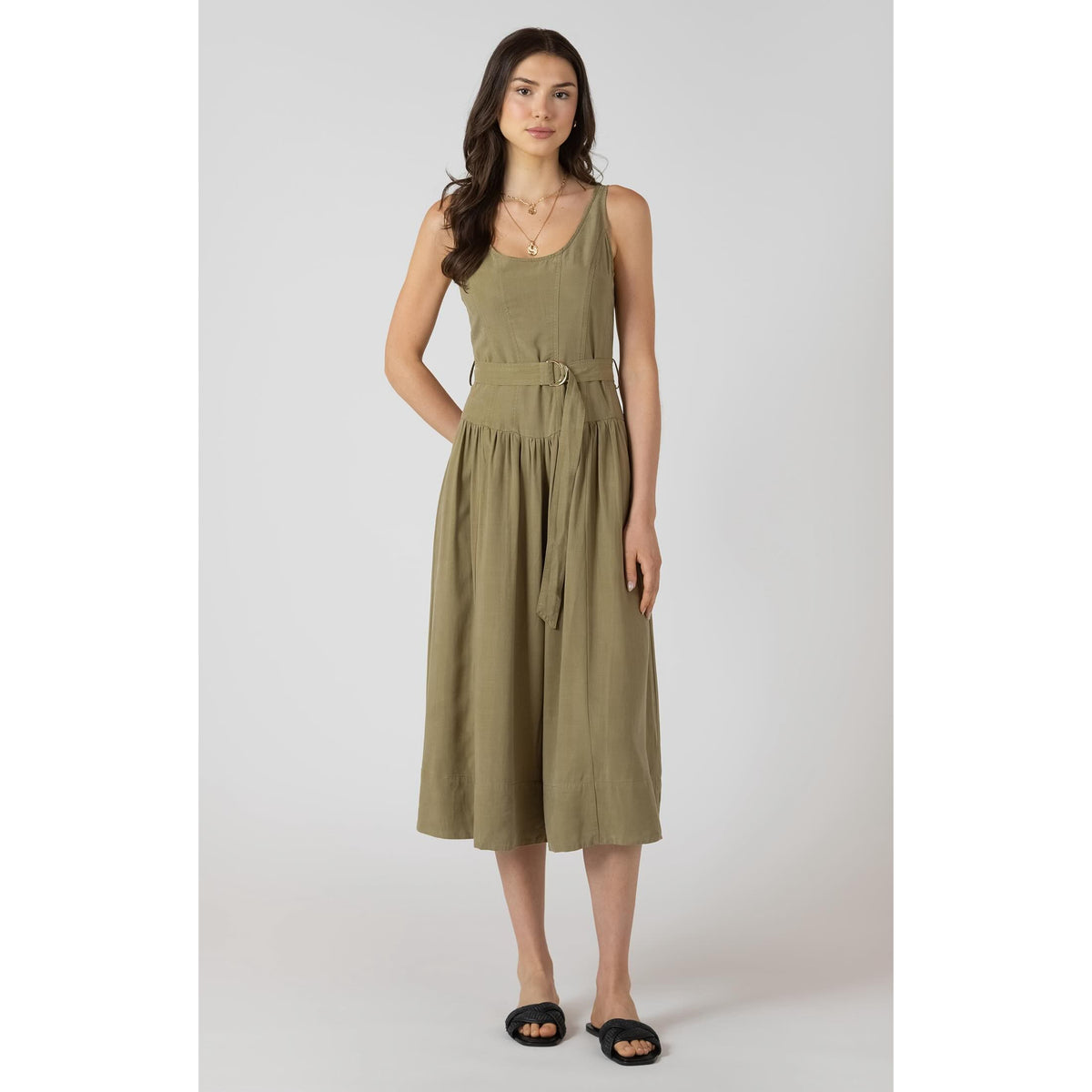 Dex Belted Drop Waist Midi Dress in olive green, sleeveless with belt and gathered midi skirt.