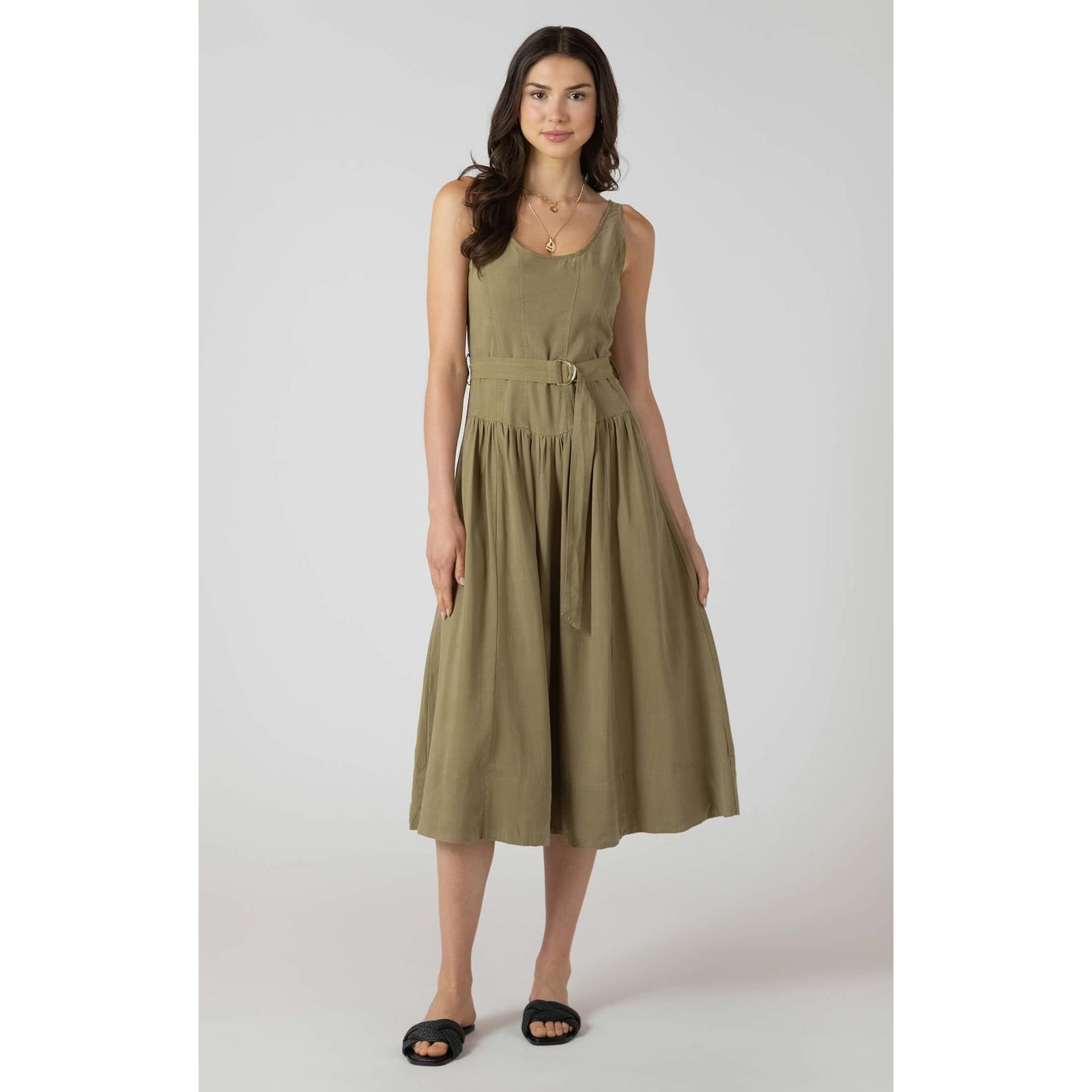 Dex Belted Drop Waist Midi Dress in olive, sleeveless with waist belt and full gathered skirt