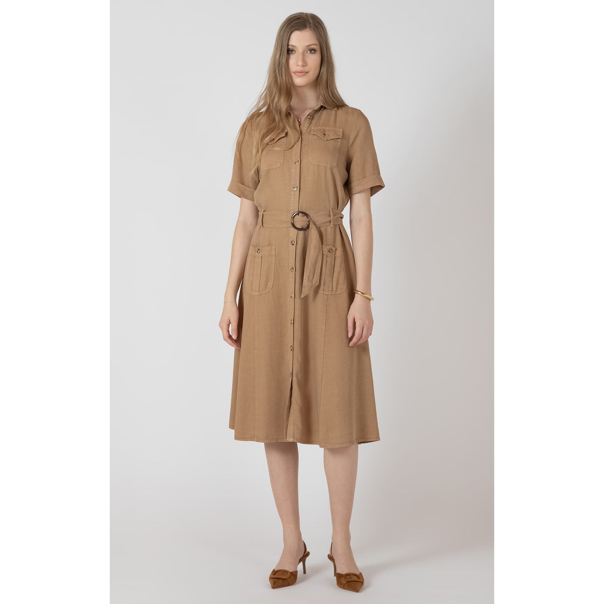 Dex Black Tape Belted Utility Midi Dress in taupe Tencel denim-look with belted waist and front pockets.