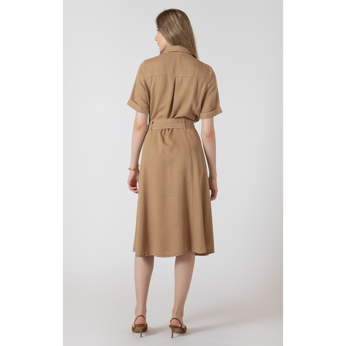 Dex Black Tape Belted Utility Midi Dress in denim-look Tencel, back view with belt and rolled sleeves.