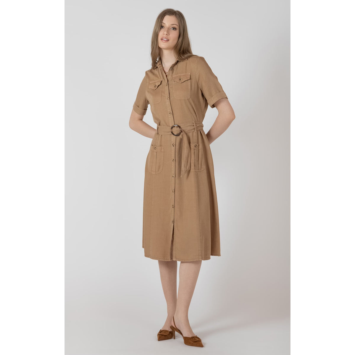 Tan denim-look Tencel utility midi dress with belt, round buckle, rolled sleeves, chest and hip pockets.