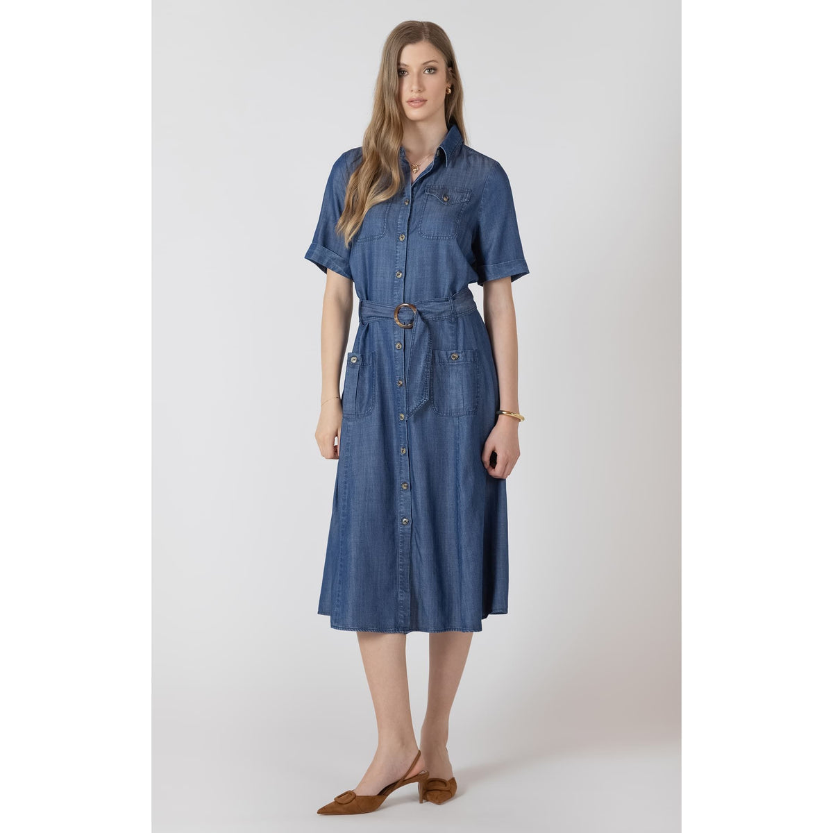 Dex Black Tape Belted Utility Midi Dress in denim-like Tencel with short sleeves and belted waist with front pockets.