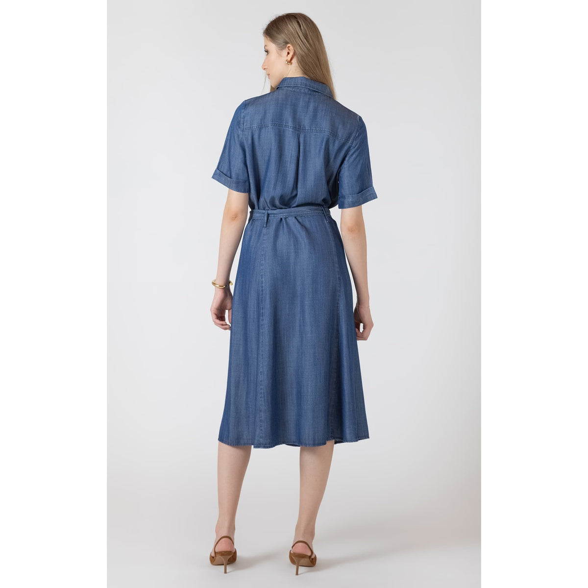 Dex Black Tape Belted Utility Midi Dress in denim-look Tencel, back view on model.