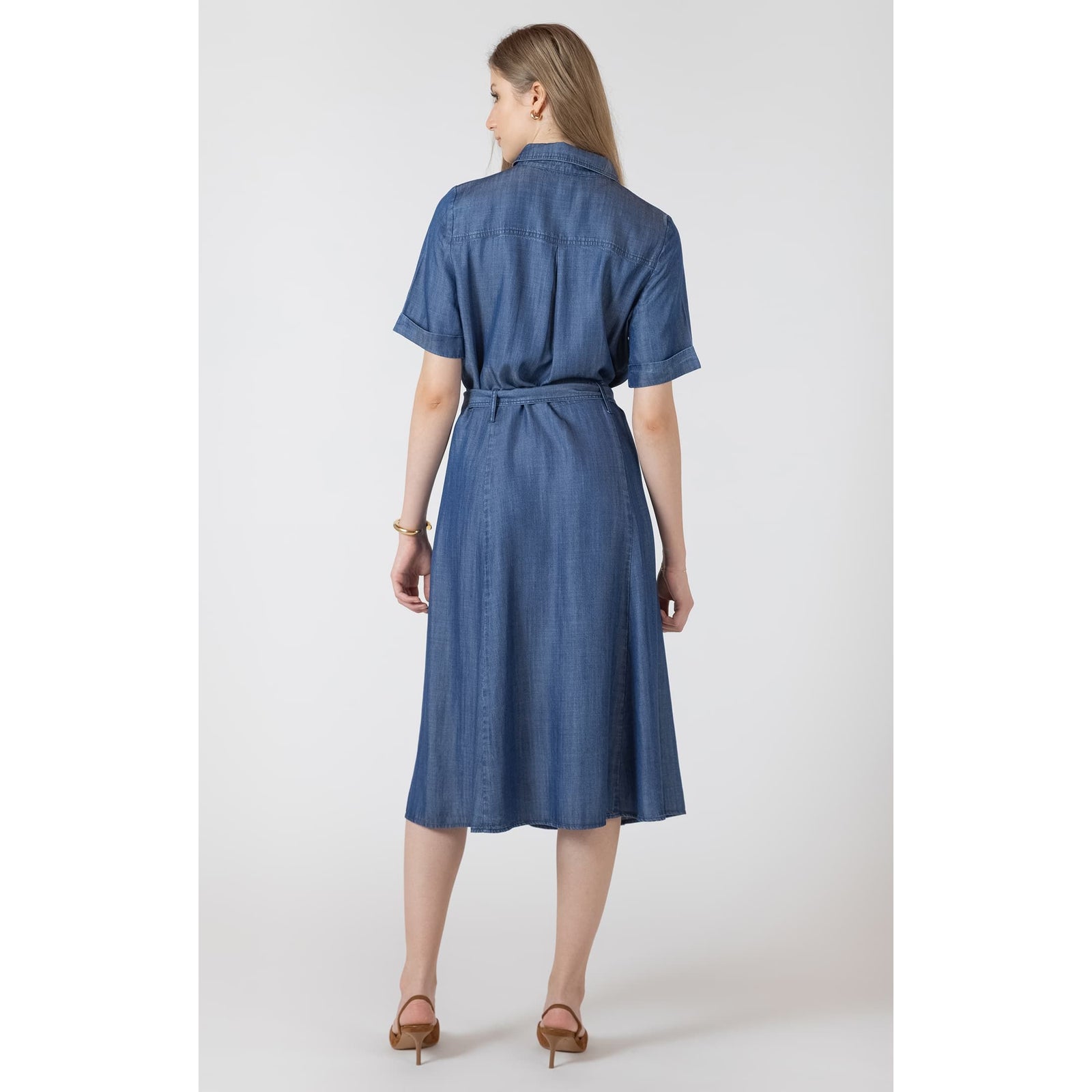 Dex Black Tape Belted Utility Midi Dress in denim-look Tencel, back view on model.