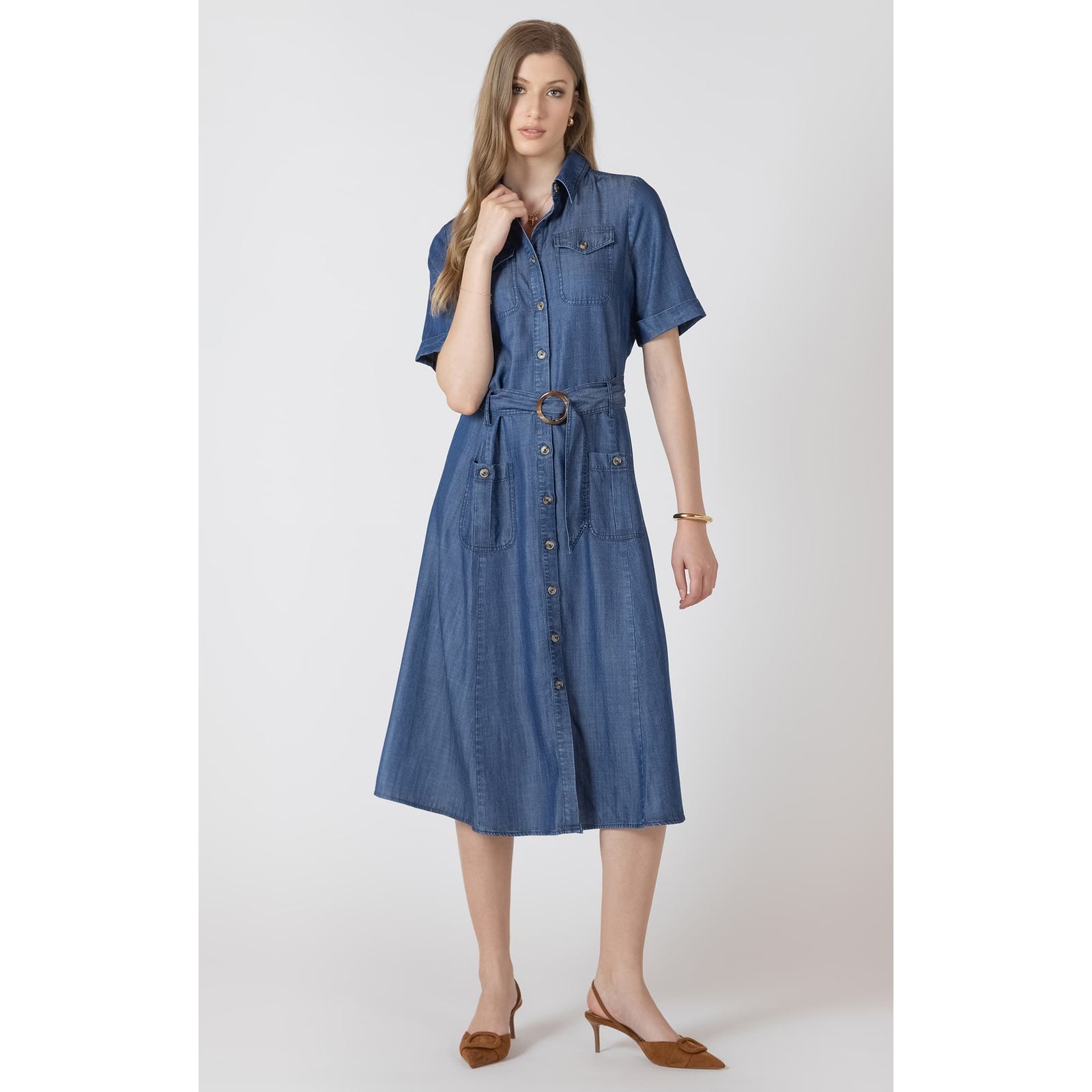 Dex Black Tape Belted Utility Midi Dress in blue denim-effect Tencel with belted waist and pockets.
