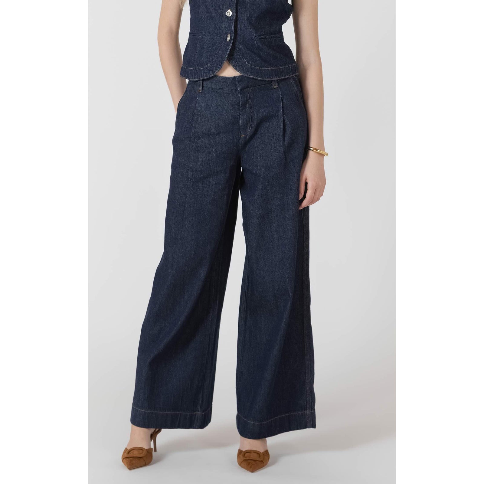 Dex Black Tape Denim Pants in a relaxed wide-leg silhouette, dark denim with signature tape detail.