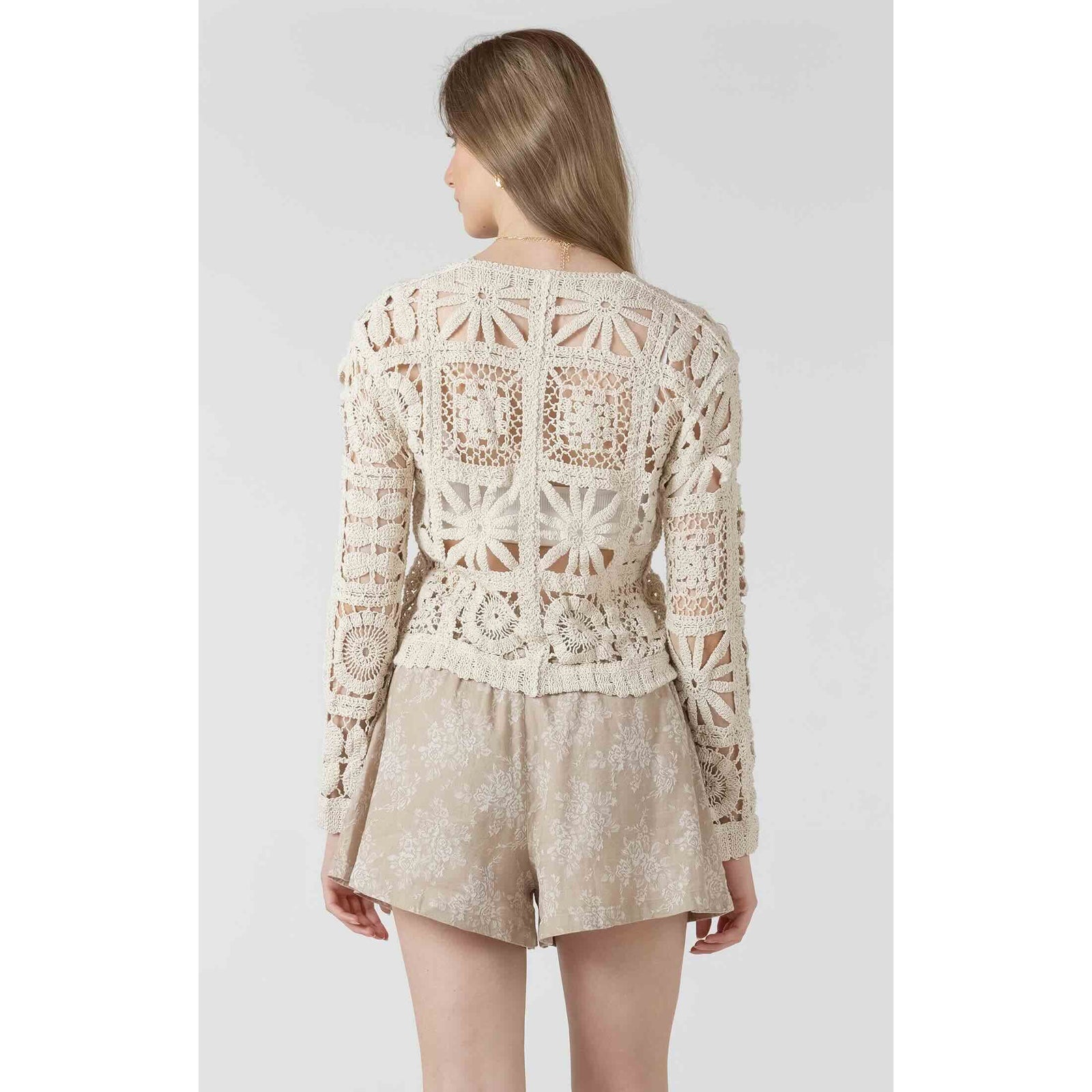 Dex Black Tape Embroided Square Pattern Cardigan in beige crochet with floral square motifs and buttons