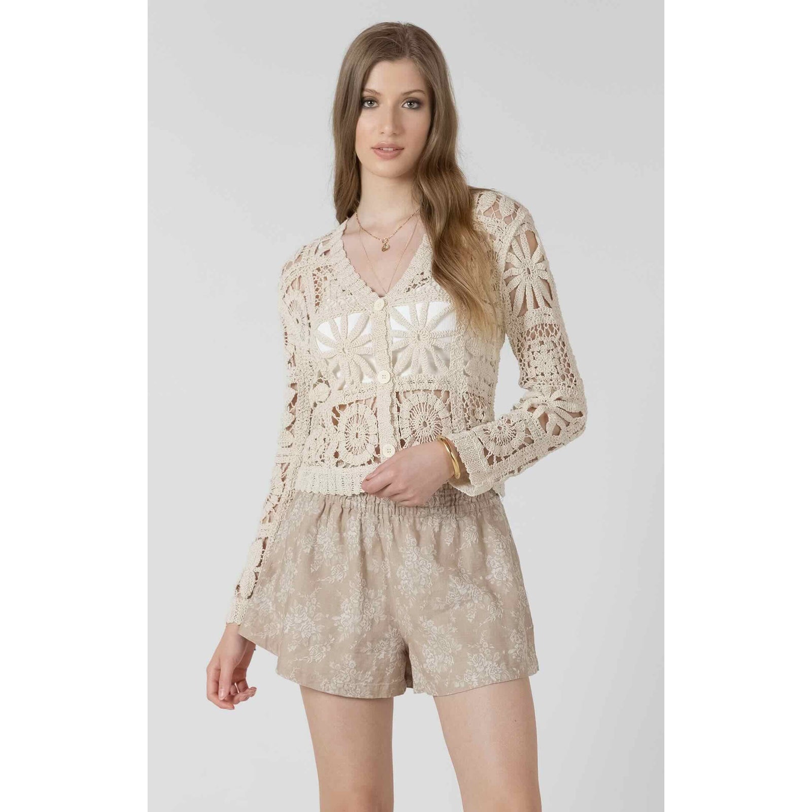 Dex Black Tape Embroided Square Pattern Cardigan in beige crochet with floral square motifs and buttons