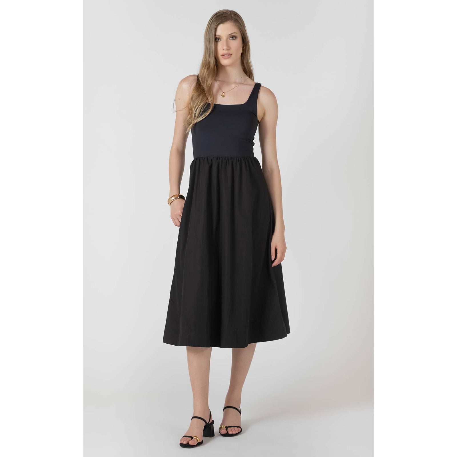 Dex Black Tape Mixed Fabric Midi Dress with square-neck bodice, wide straps, and gathered midi skirt.