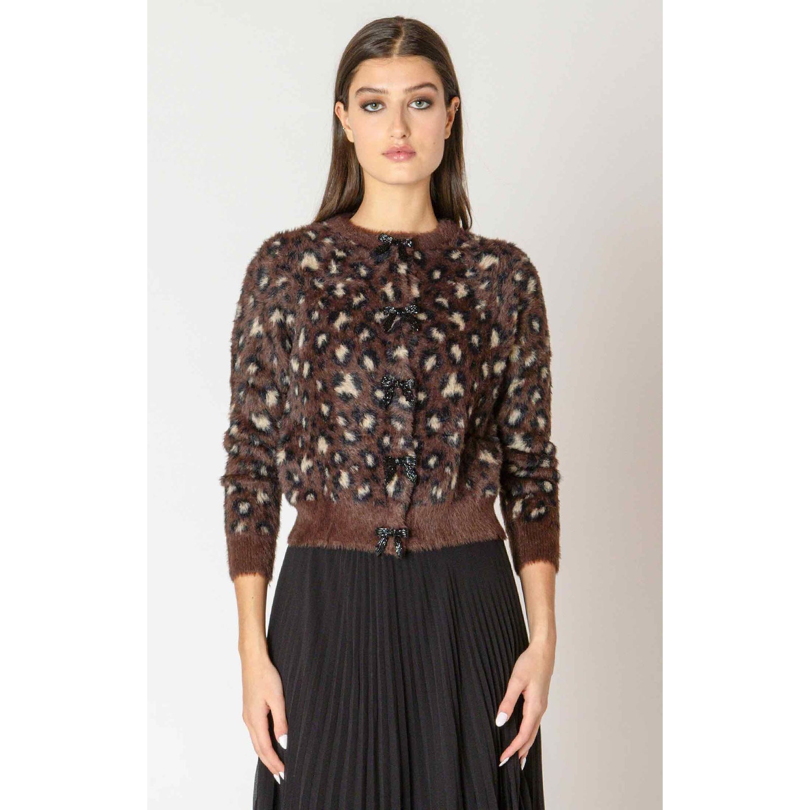 Dex Black Tape Soft Touch Patterned Cardigan in brown leopard print with fuzzy knit and bow closures.