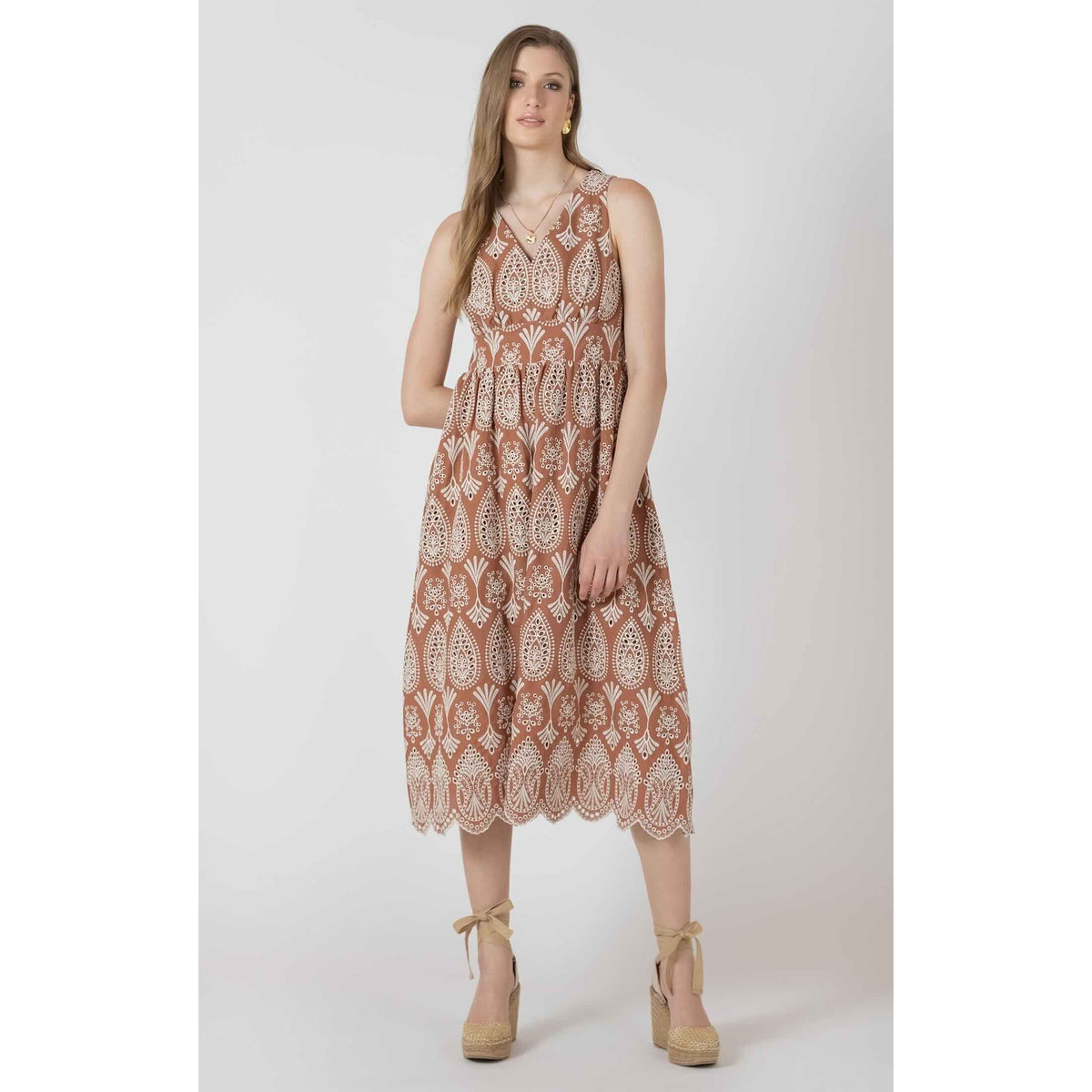 Dex Black Tape V Neck Eyelet Dress in tan, midi length with scalloped hem