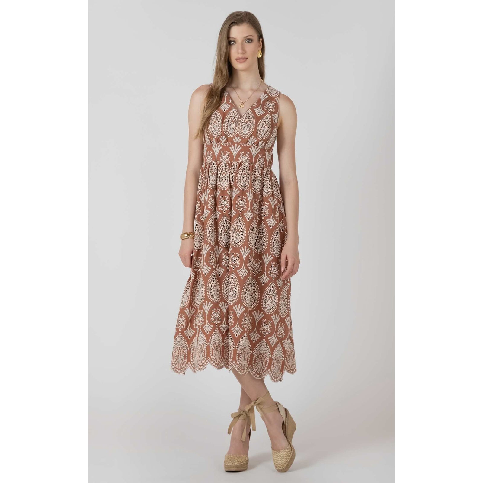 Dex Black Tape V Neck Eyelet Dress on model, tan-brown midi with white eyelet pattern and scalloped hem.