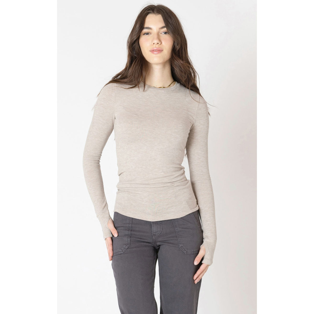 Stylish model wearing the Dex Brushed Crewneck Tee in heather taupe, perfect for cozy fall layering.