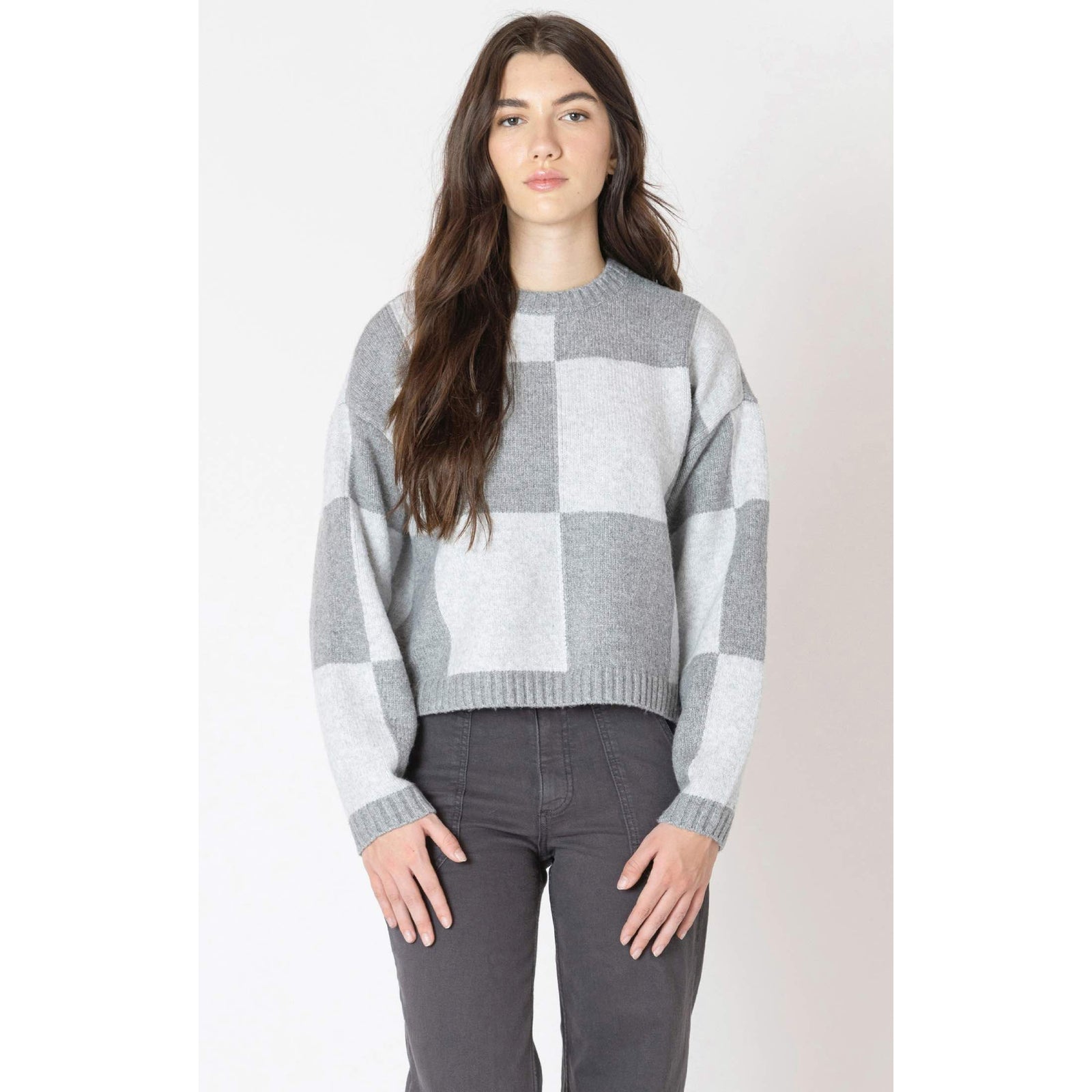 Dex Black Colour Block Crew Sweater in grey and white blocks, long sleeves, crew neck.