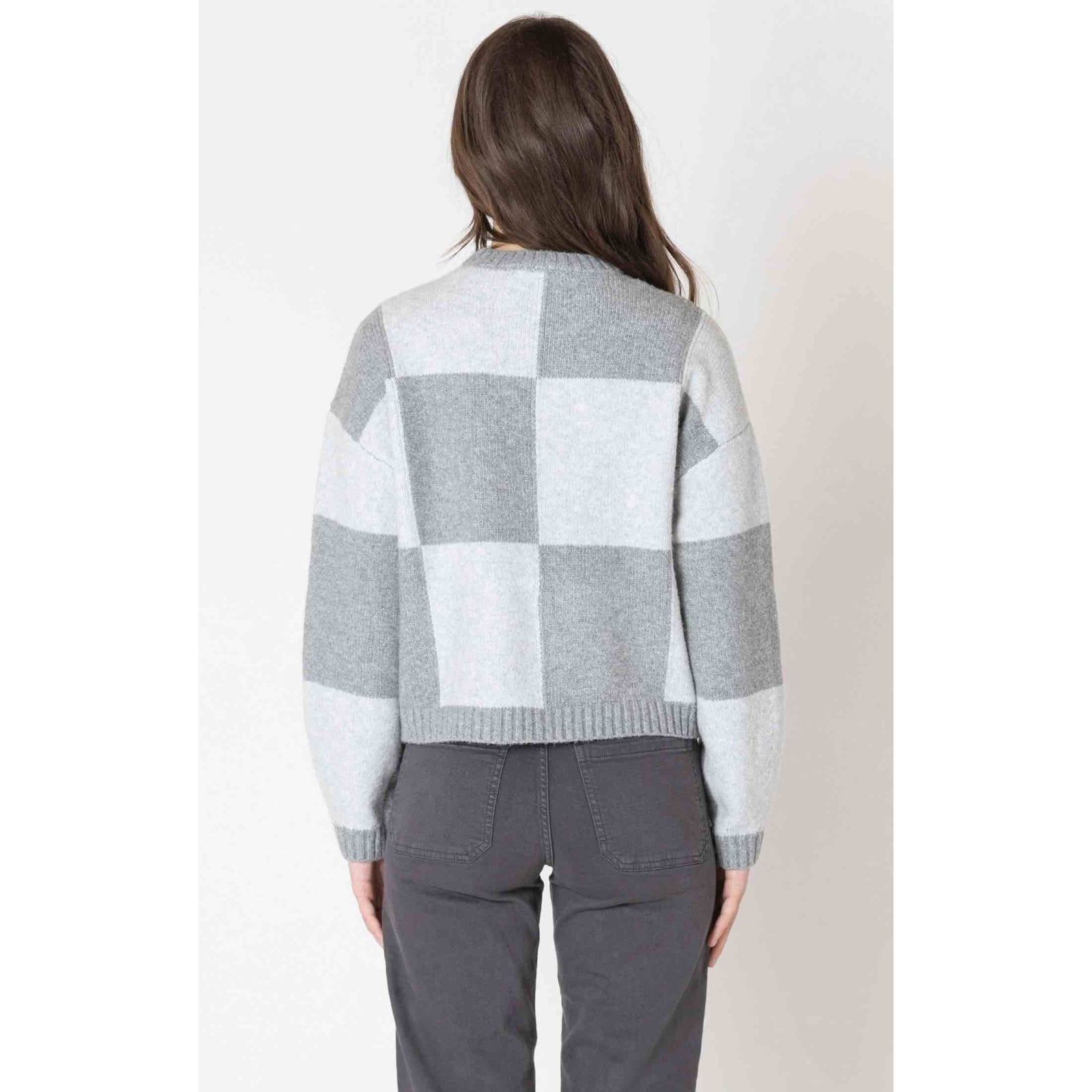 Dex Black Colour Block Crew Sweater on model, back view in grey and light-grey color blocks.