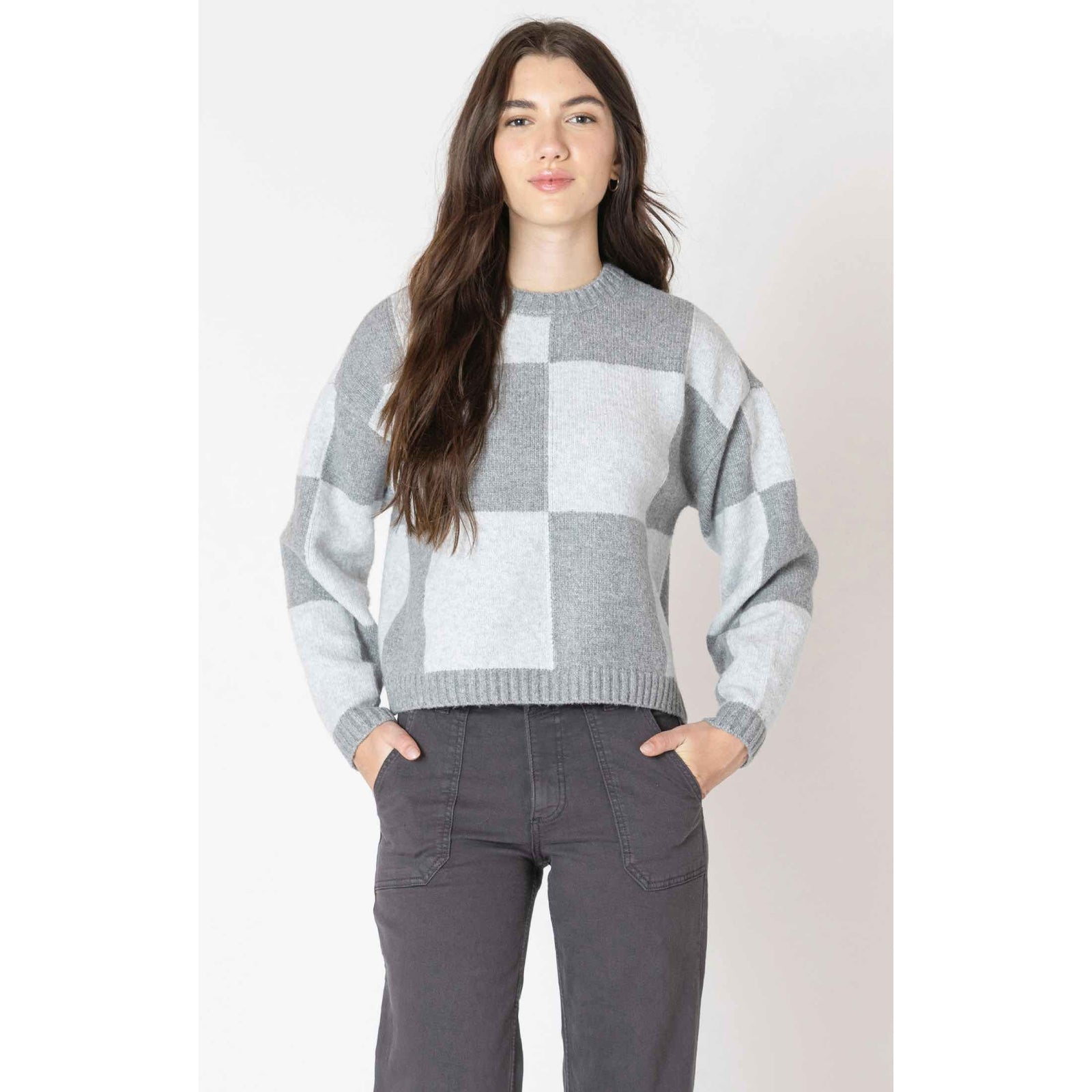 Dex Black Colour Block Crew Sweater worn by a model in grey and white colour-block pattern.