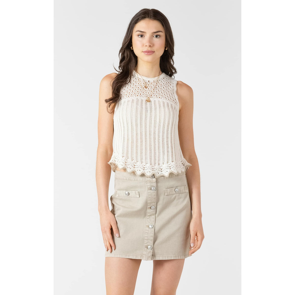 Dex Contrast Trim Sweater Tank in cream with airy open-knit yoke, fitted ribbed body, and scalloped hem.