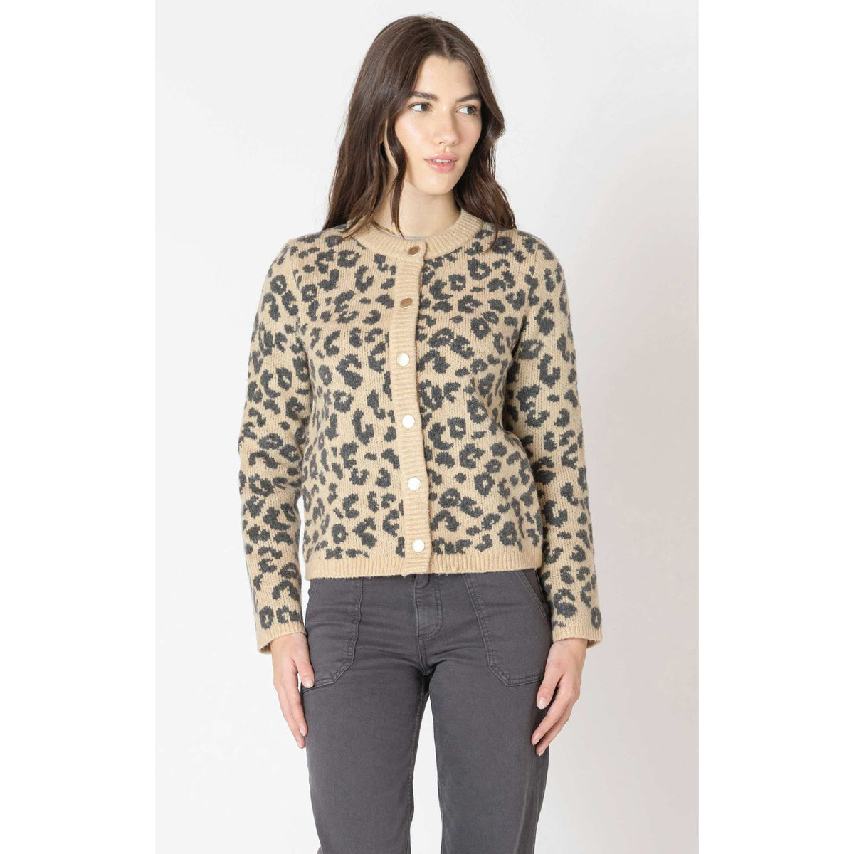 Dex Crewneck Print Cardigan: beige knit with black leopard print, button-front, worn by model.
