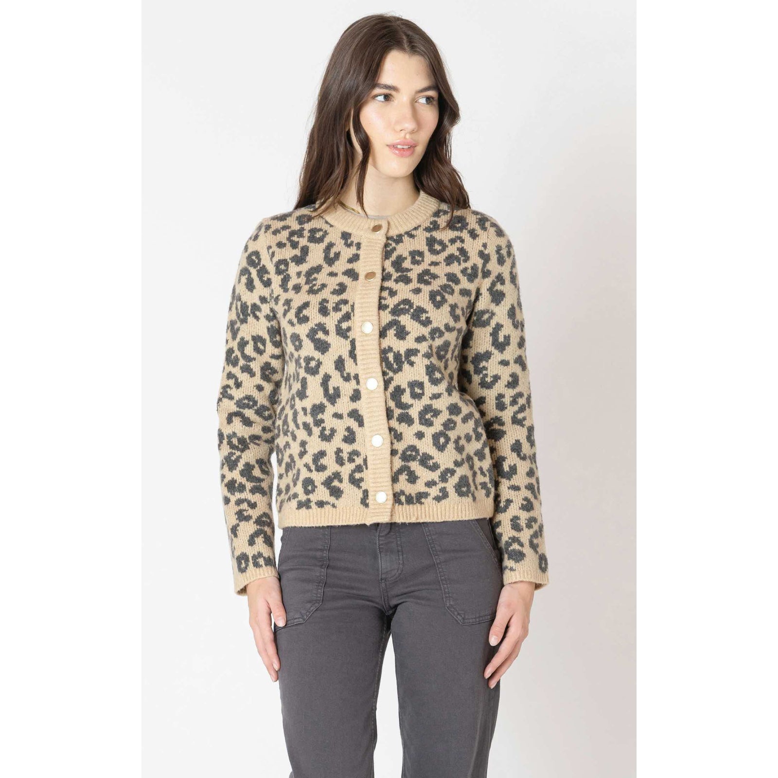 Dex Crewneck Print Cardigan: beige knit with black leopard print, button-front, worn by model.