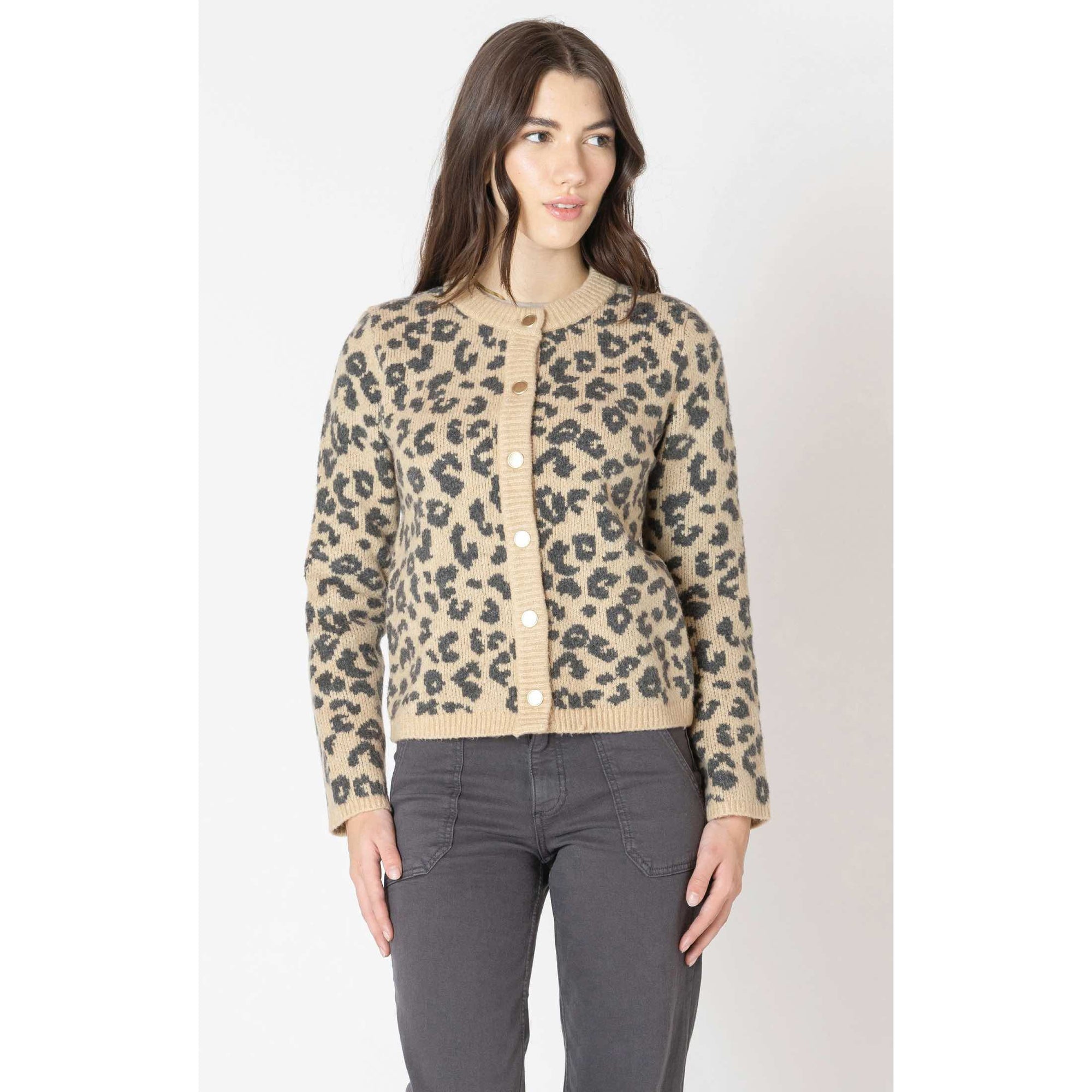 Dex Crewneck Print Cardigan: beige knit with black leopard print, button-front, worn by model.