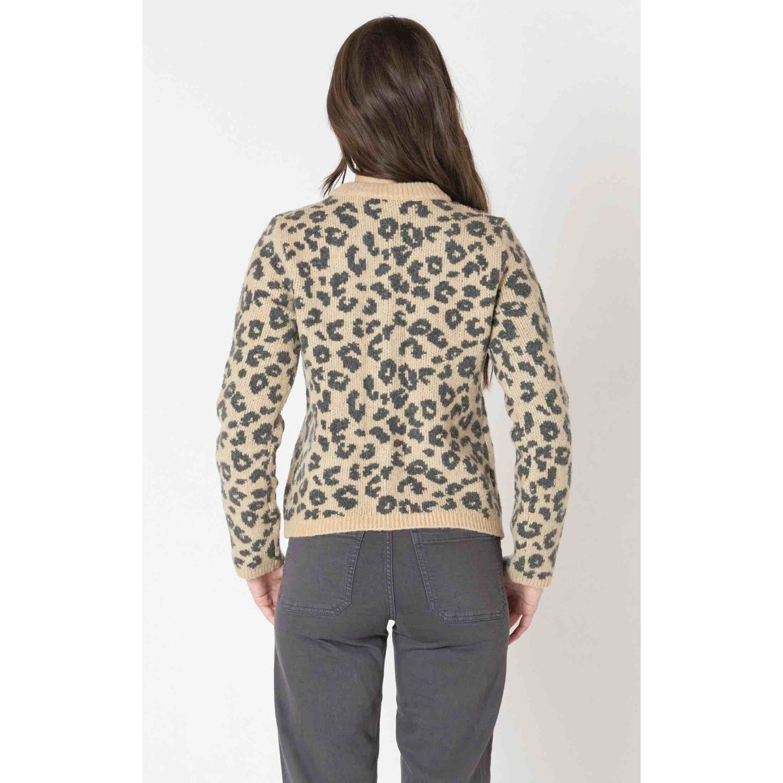 Dex Crewneck Print Cardigan: beige knit with black leopard print, button-front, worn by model.
