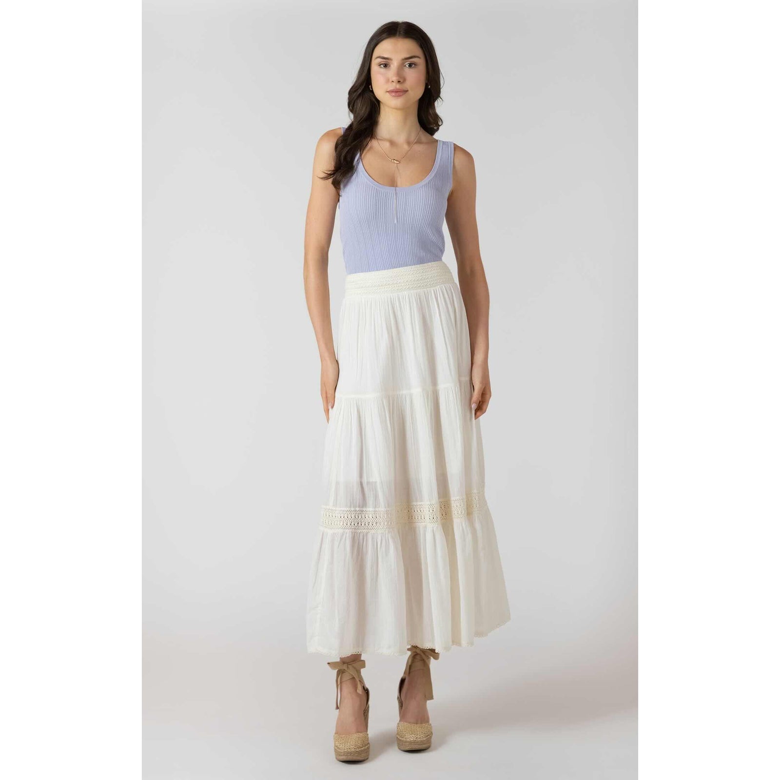 Dex Crochet Maxi Skirt in white, tiered maxi with crocheted waistband and lace panels.
