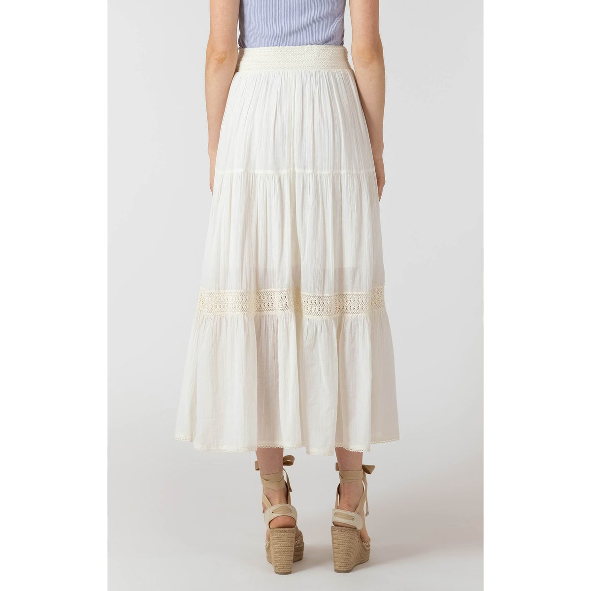 Dex Crochet Maxi Skirt in ivory, tiered ankle-length with crochet band.