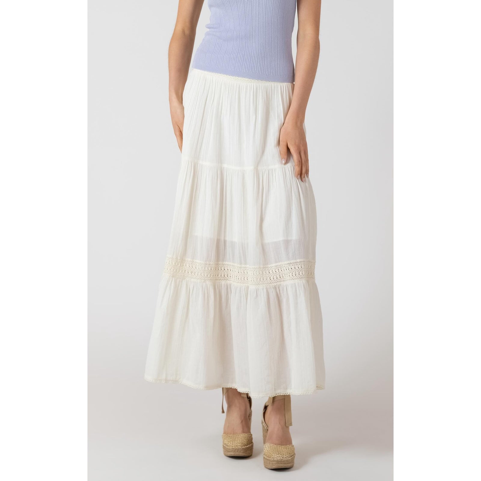 Dex Crochet Maxi Skirt, white tiered maxi with crochet lace band near hem.