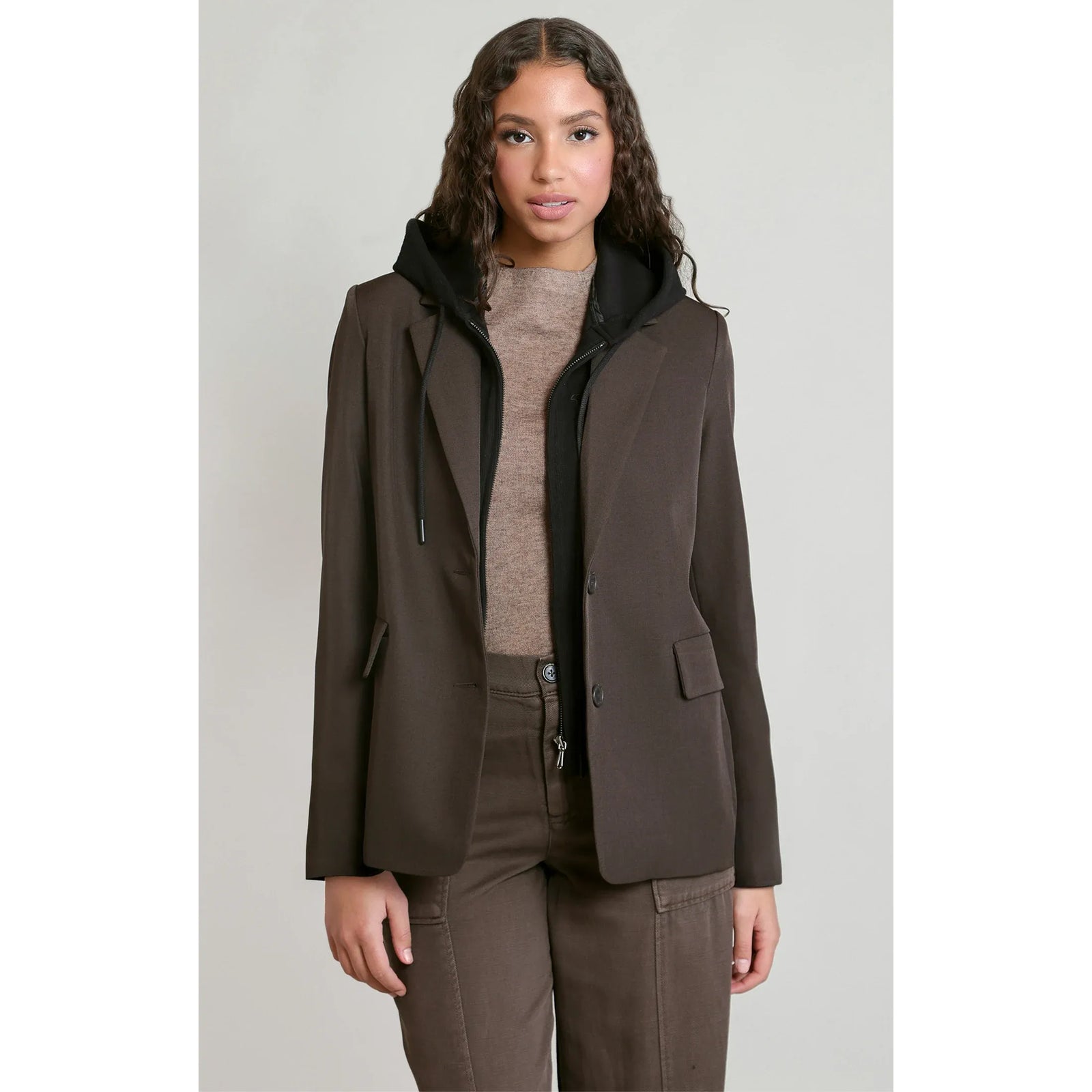 Dex Hooded Blazer in dark brown with detachable black hood, versatile for dressy to casual early-fall wear.