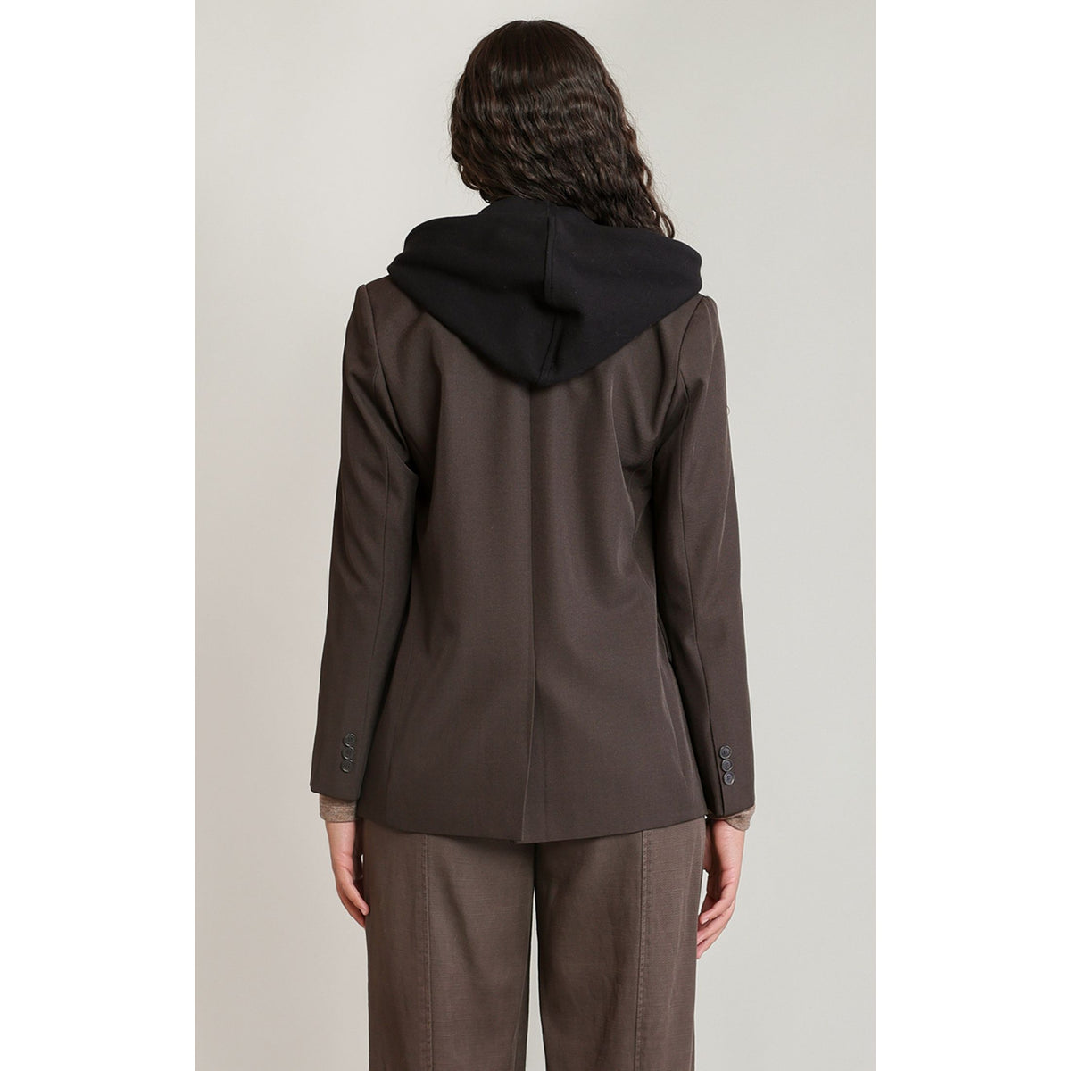 Dex Hooded Blazer in dark brown with detachable black hood for versatile early-fall, dressy-to-casual styling.