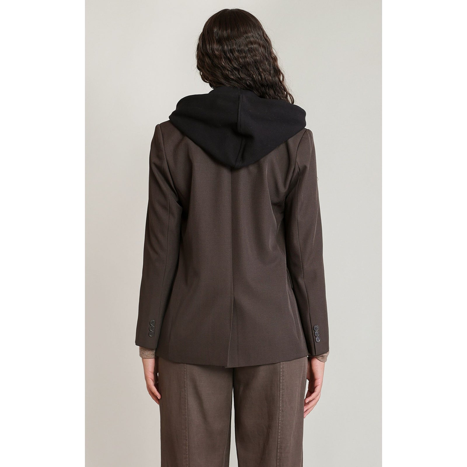 Dex Hooded Blazer in dark brown with detachable black hood for versatile early-fall, dressy-to-casual styling.
