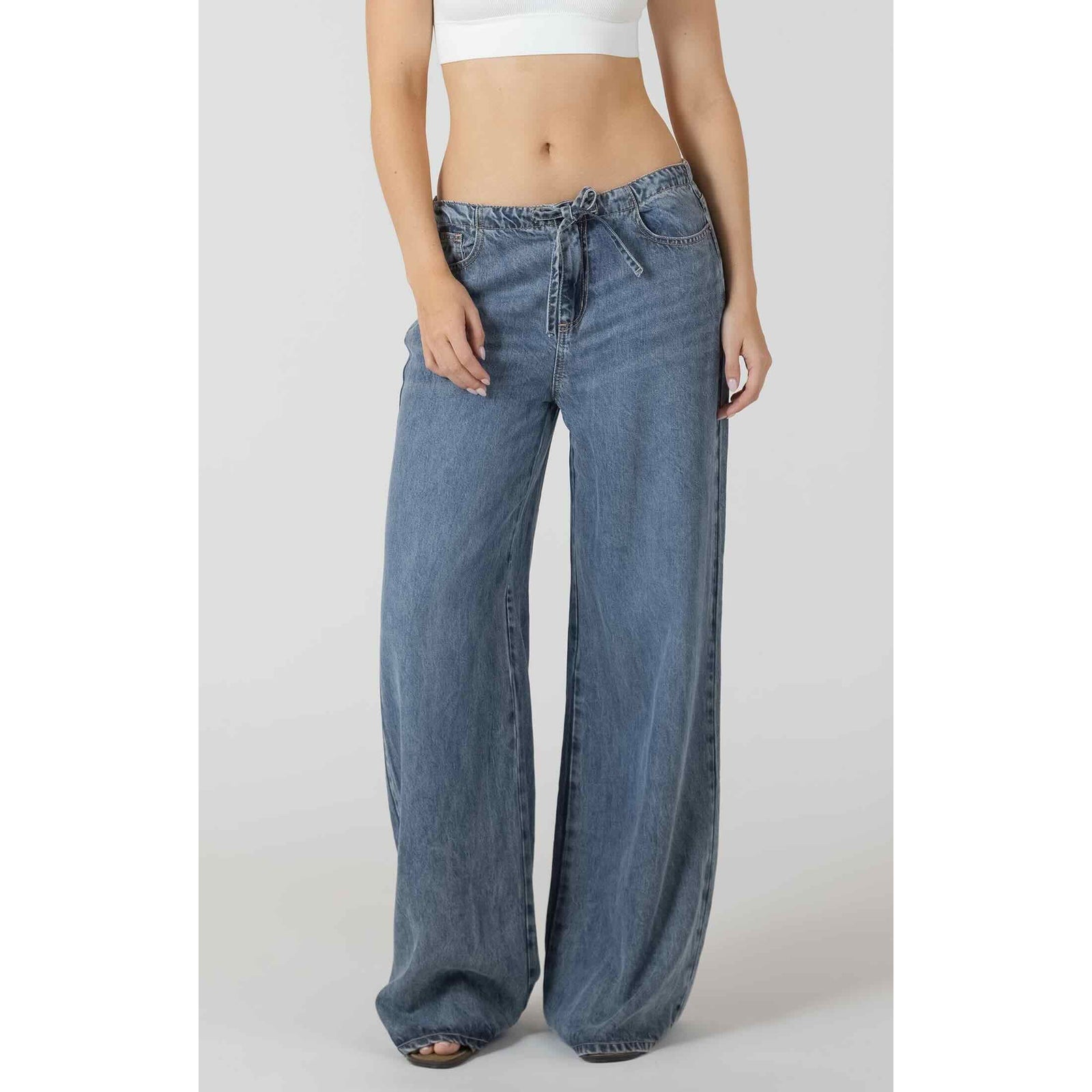 Dex Drawstring Wide Leg Denim Pant in light indigo with adjustable waist and relaxed wide-leg fit.