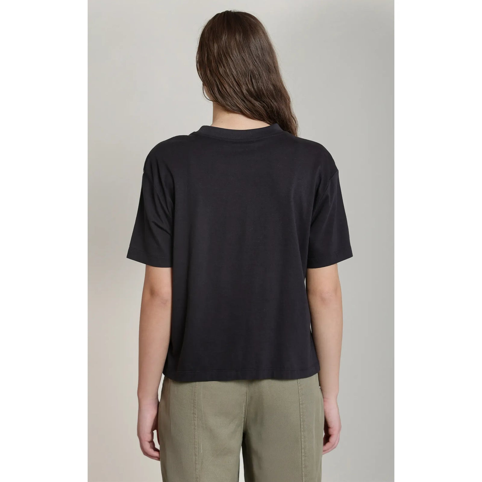 Dex Short Sleeved Essential Tee in black, soft fabric with relaxed fit and round neck, back view.