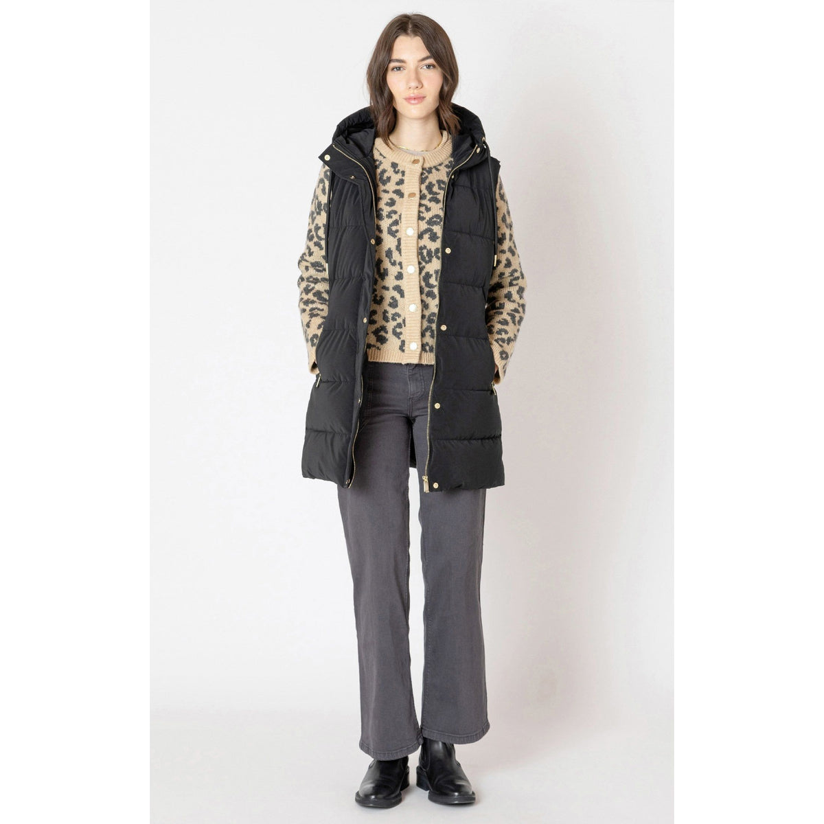 Dex Hooded Puffer Vest by Dex: black quilted vest with hood for layering this autumn.